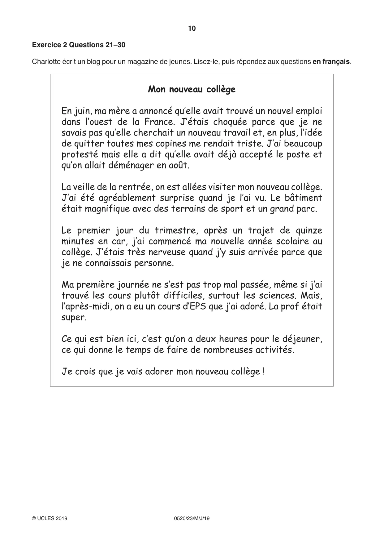 Cambridge IGCSE French - Foreign Language 0520 2019 May/June Paper 2 · Variant 3 question paper, page 10 of 16
