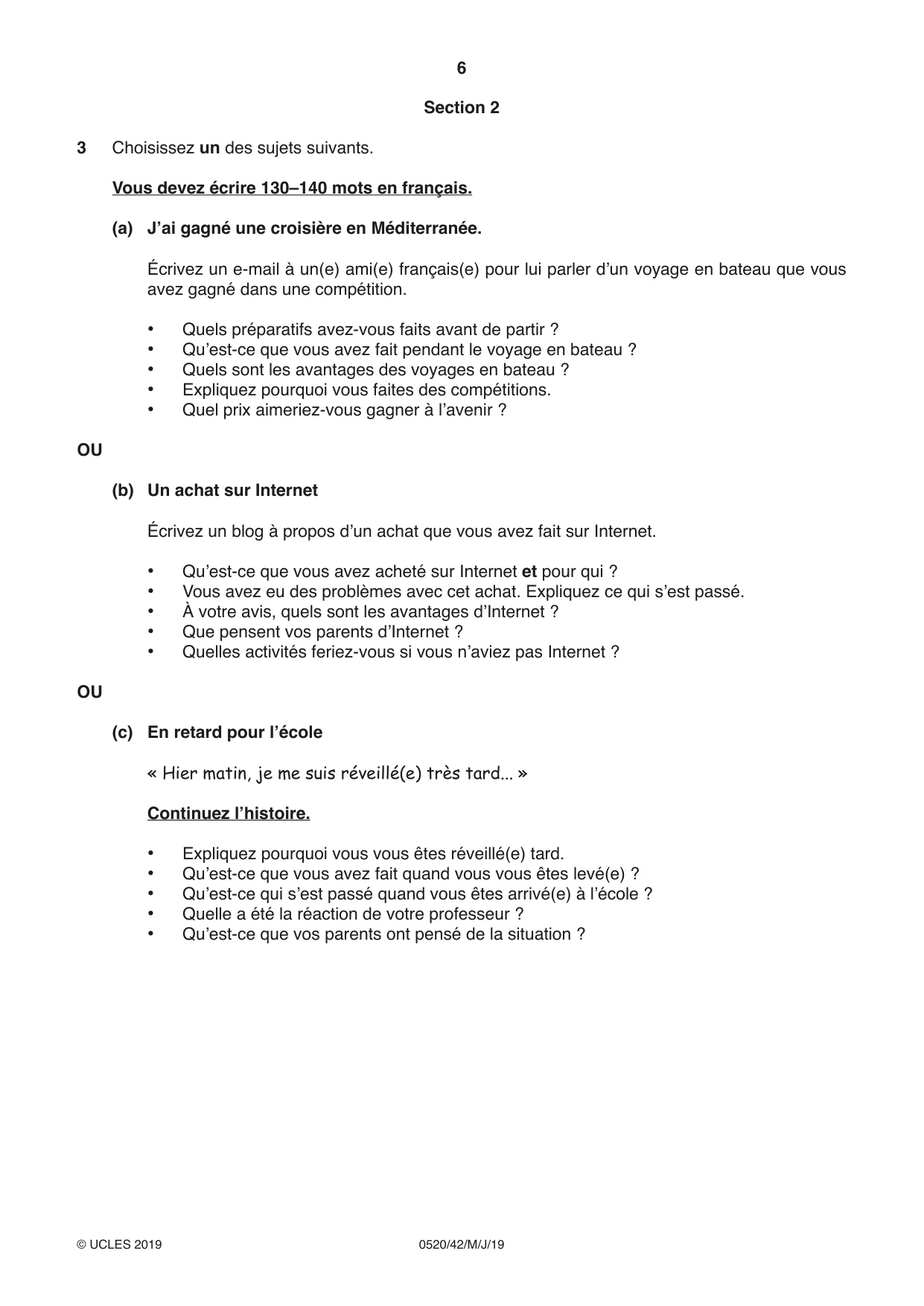 Cambridge IGCSE French - Foreign Language 0520 2019 May/June Paper 4 · Variant 2 question paper, page 6 of 8
