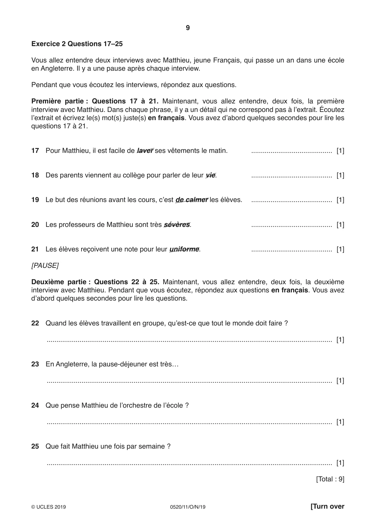 Cambridge IGCSE French - Foreign Language 0520 2019 Oct/Nov Paper 1 · Variant 1 question paper, page 9 of 12