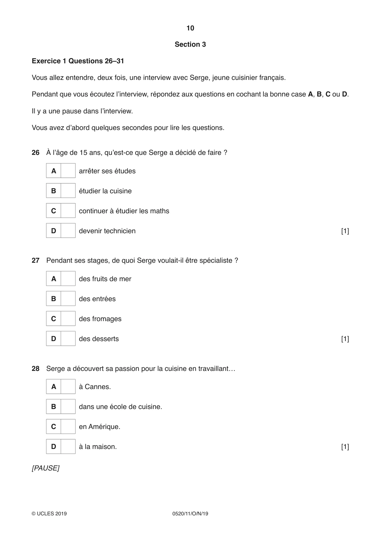 Cambridge IGCSE French - Foreign Language 0520 2019 Oct/Nov Paper 1 · Variant 1 question paper, page 10 of 12