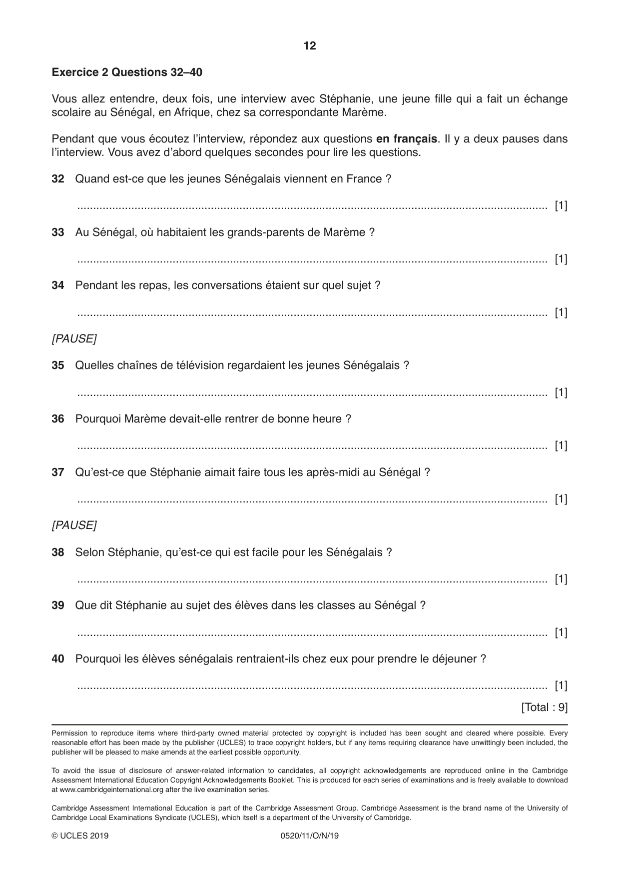 Cambridge IGCSE French - Foreign Language 0520 2019 Oct/Nov Paper 1 · Variant 1 question paper, page 12 of 12