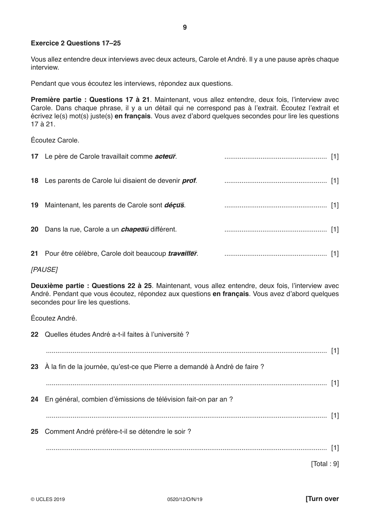 Cambridge IGCSE French - Foreign Language 0520 2019 Oct/Nov Paper 1 · Variant 2 question paper, page 9 of 12