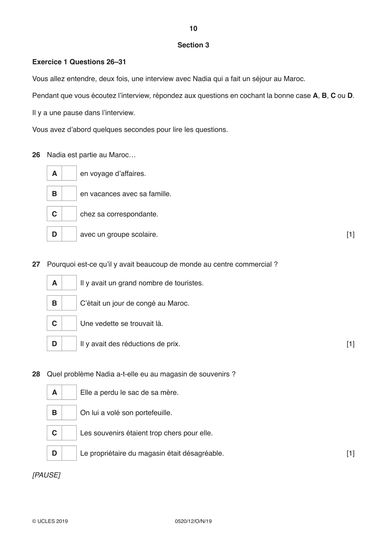 Cambridge IGCSE French - Foreign Language 0520 2019 Oct/Nov Paper 1 · Variant 2 question paper, page 10 of 12