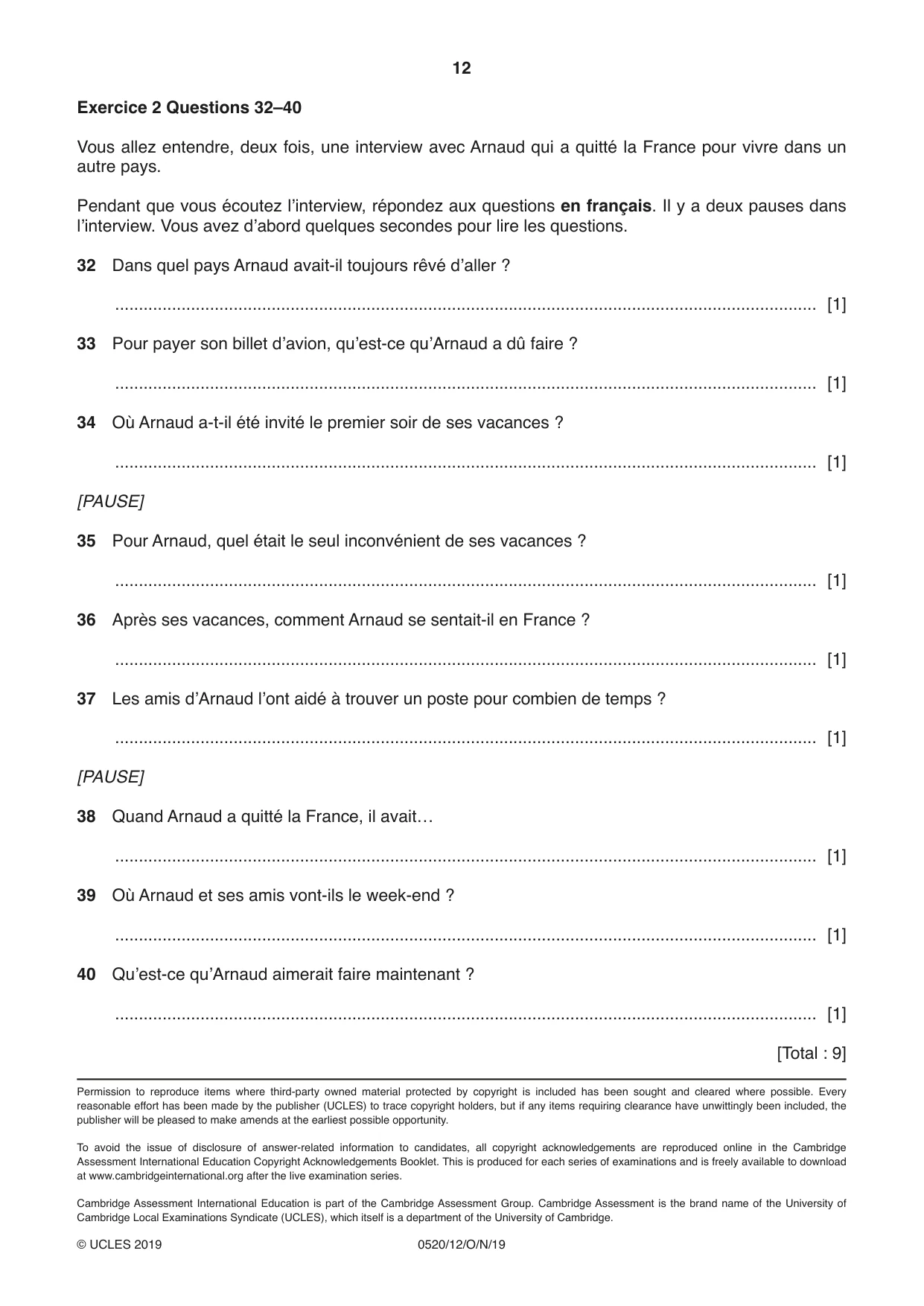 Cambridge IGCSE French - Foreign Language 0520 2019 Oct/Nov Paper 1 · Variant 2 question paper, page 12 of 12
