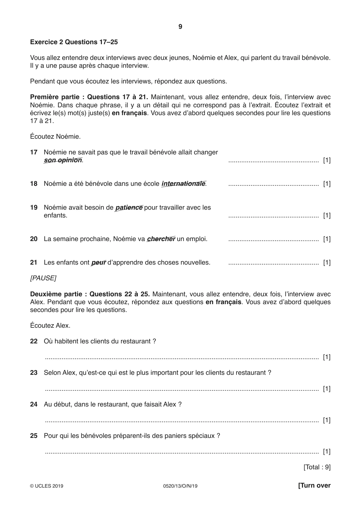 Cambridge IGCSE French - Foreign Language 0520 2019 Oct/Nov Paper 1 · Variant 3 question paper, page 9 of 12