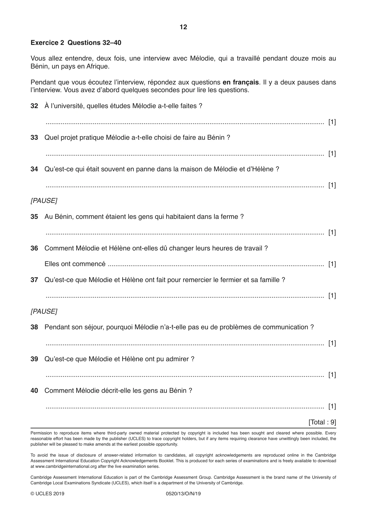 Cambridge IGCSE French - Foreign Language 0520 2019 Oct/Nov Paper 1 · Variant 3 question paper, page 12 of 12