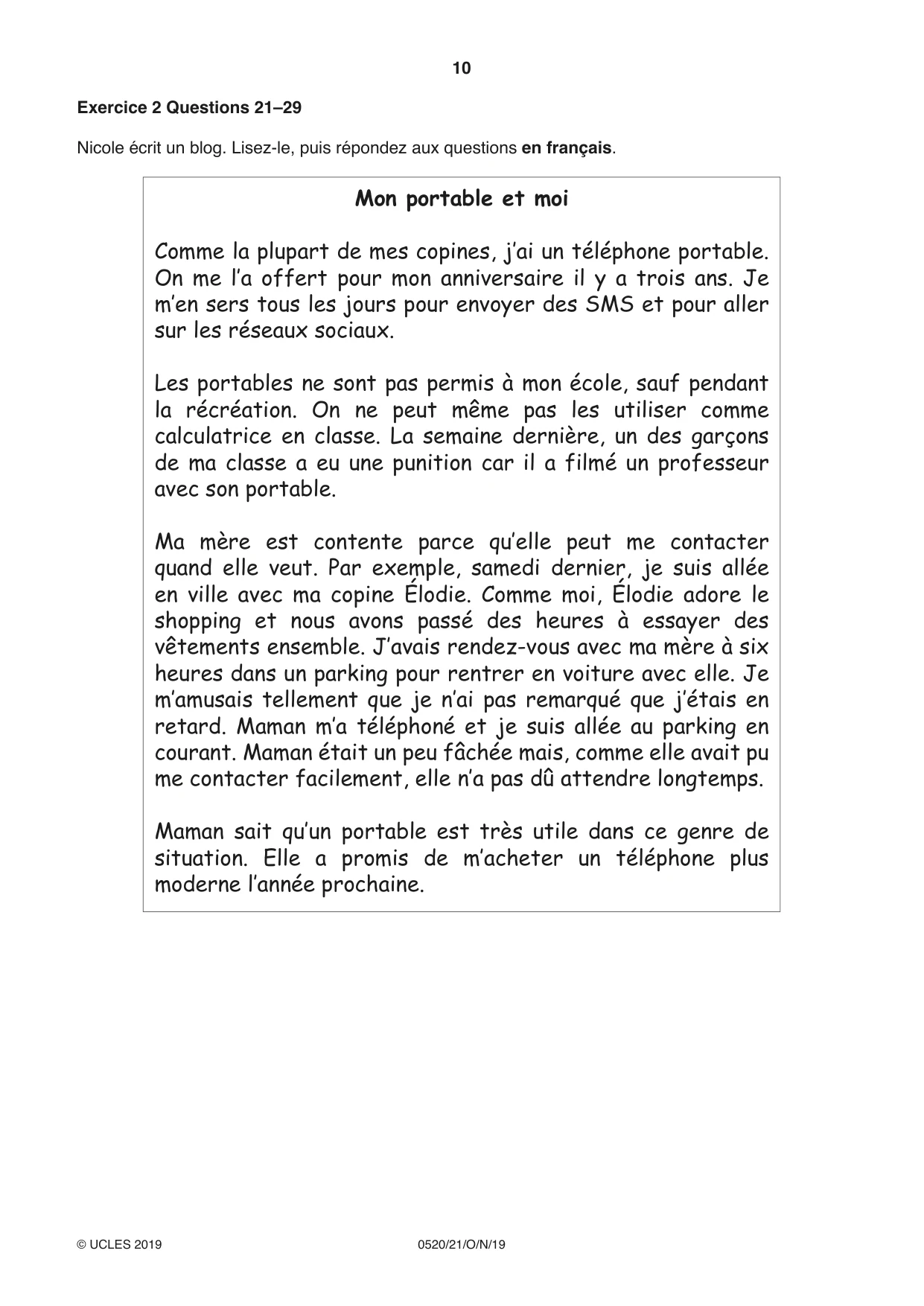 Cambridge IGCSE French - Foreign Language 0520 2019 Oct/Nov Paper 2 · Variant 1 question paper, page 10 of 16