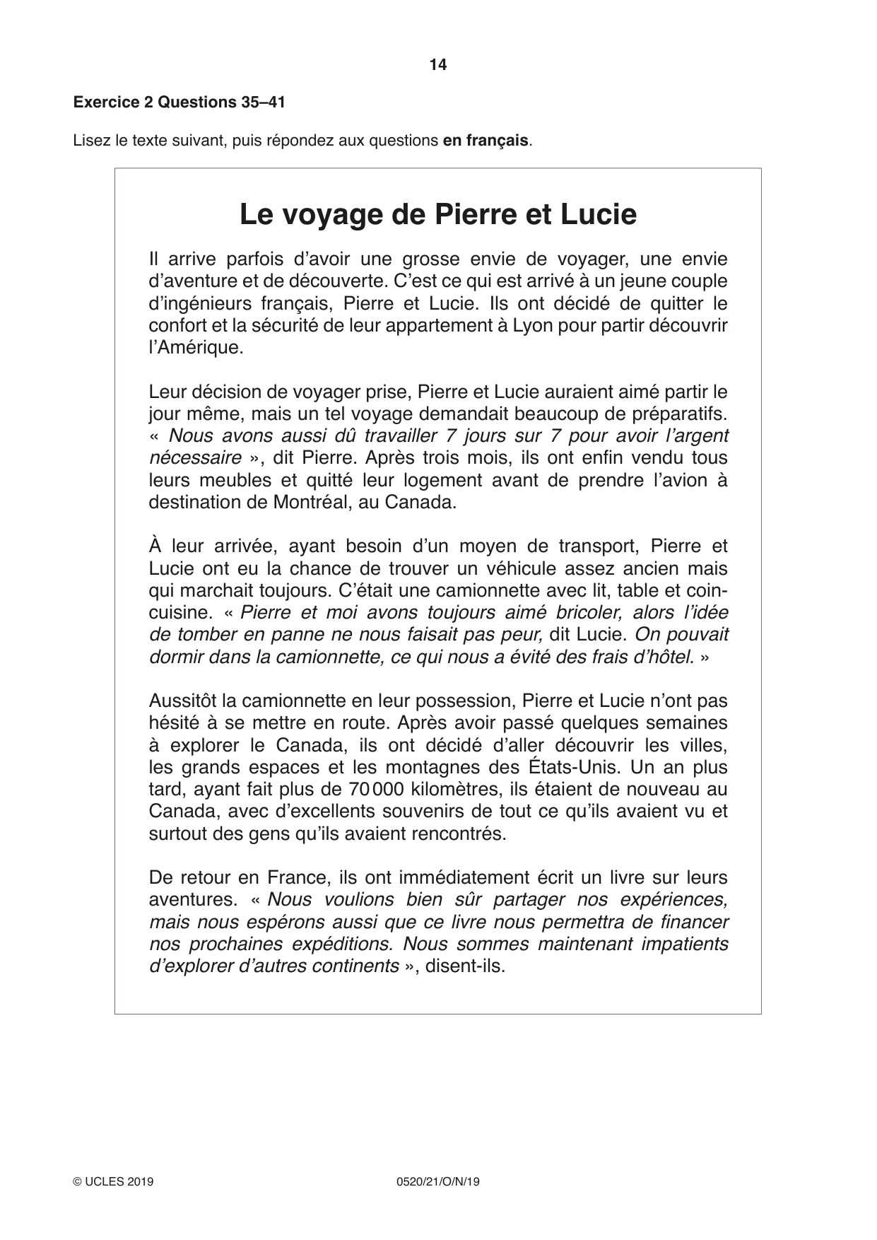 Cambridge IGCSE French - Foreign Language 0520 2019 Oct/Nov Paper 2 · Variant 1 question paper, page 14 of 16