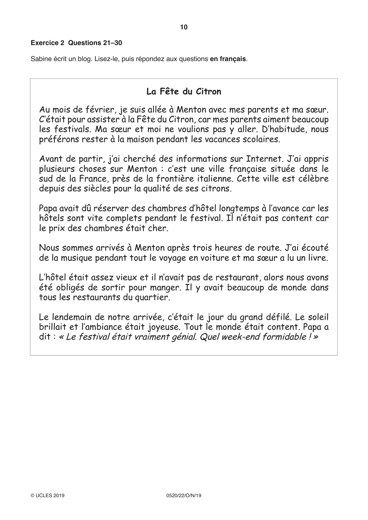 Cambridge IGCSE French - Foreign Language 0520 2019 Oct/Nov Paper 2 · Variant 2 question paper, page 10 of 16