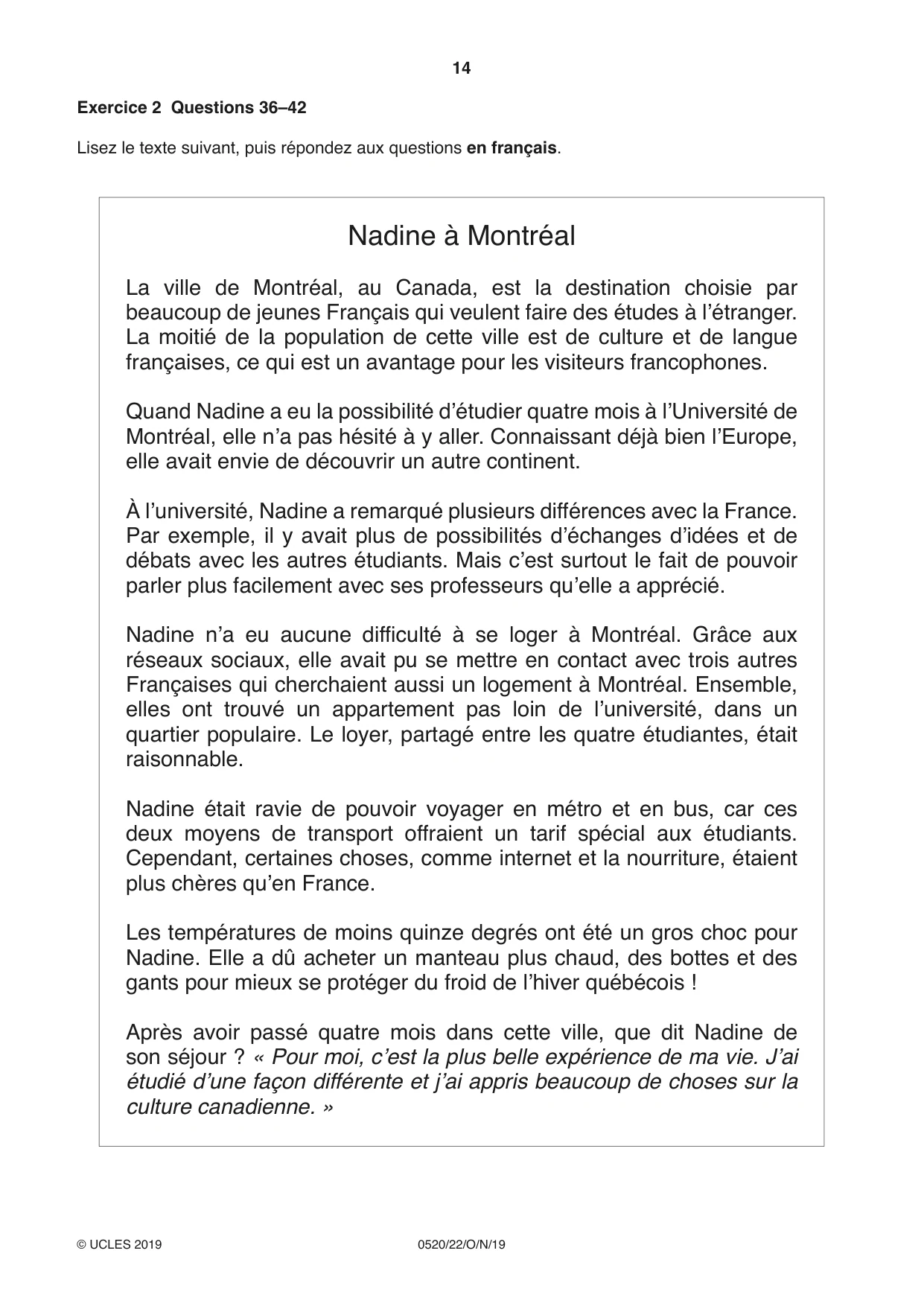 Cambridge IGCSE French - Foreign Language 0520 2019 Oct/Nov Paper 2 · Variant 2 question paper, page 14 of 16
