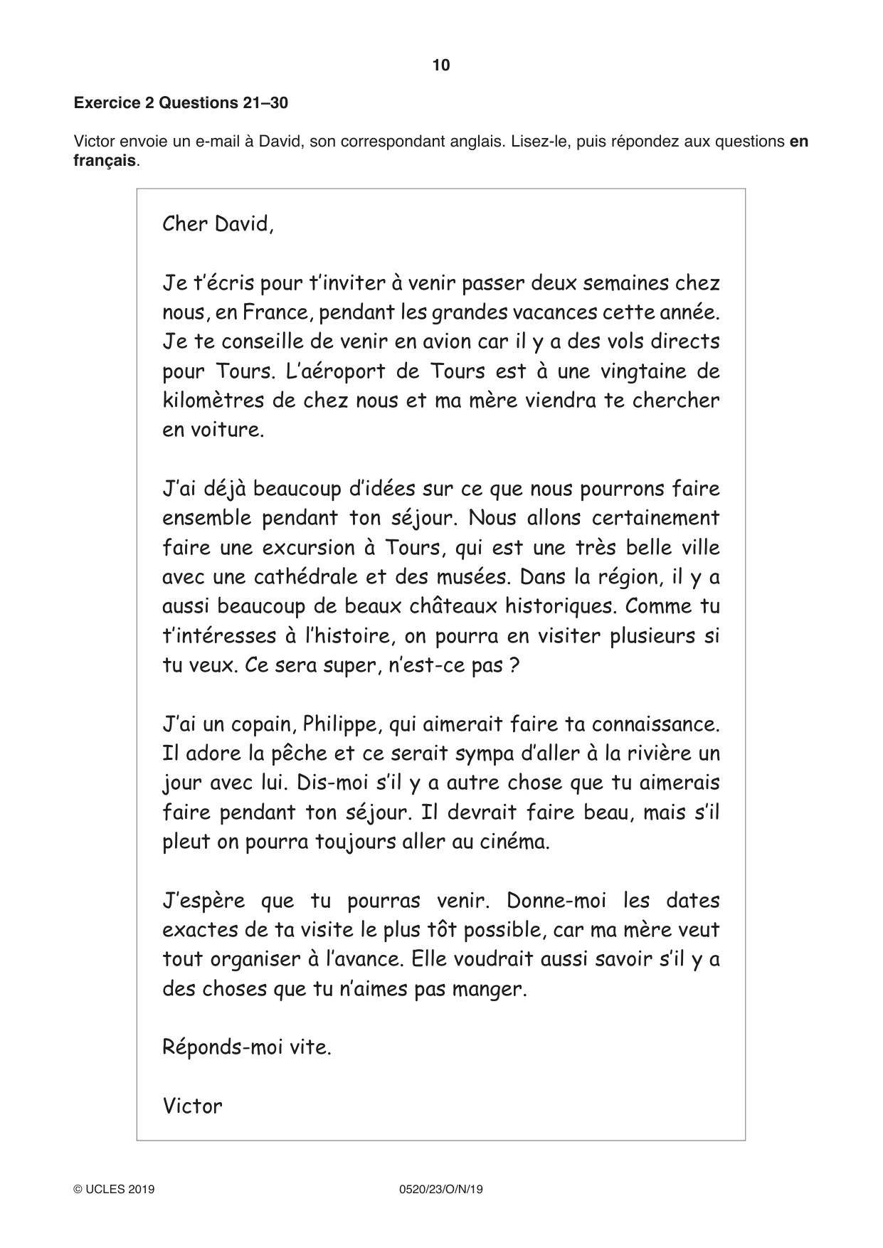 Cambridge IGCSE French - Foreign Language 0520 2019 Oct/Nov Paper 2 · Variant 3 question paper, page 10 of 16