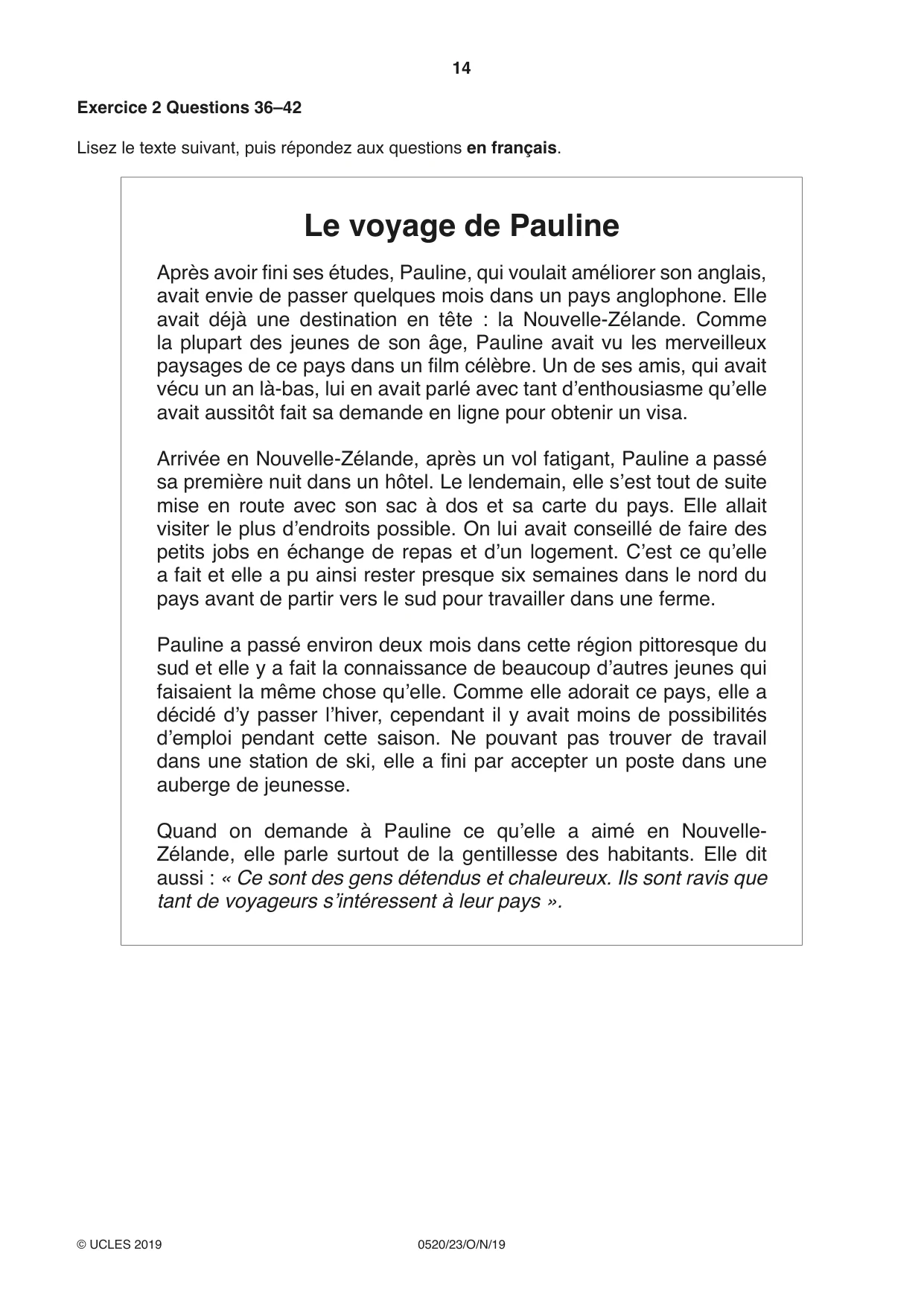 Cambridge IGCSE French - Foreign Language 0520 2019 Oct/Nov Paper 2 · Variant 3 question paper, page 14 of 16