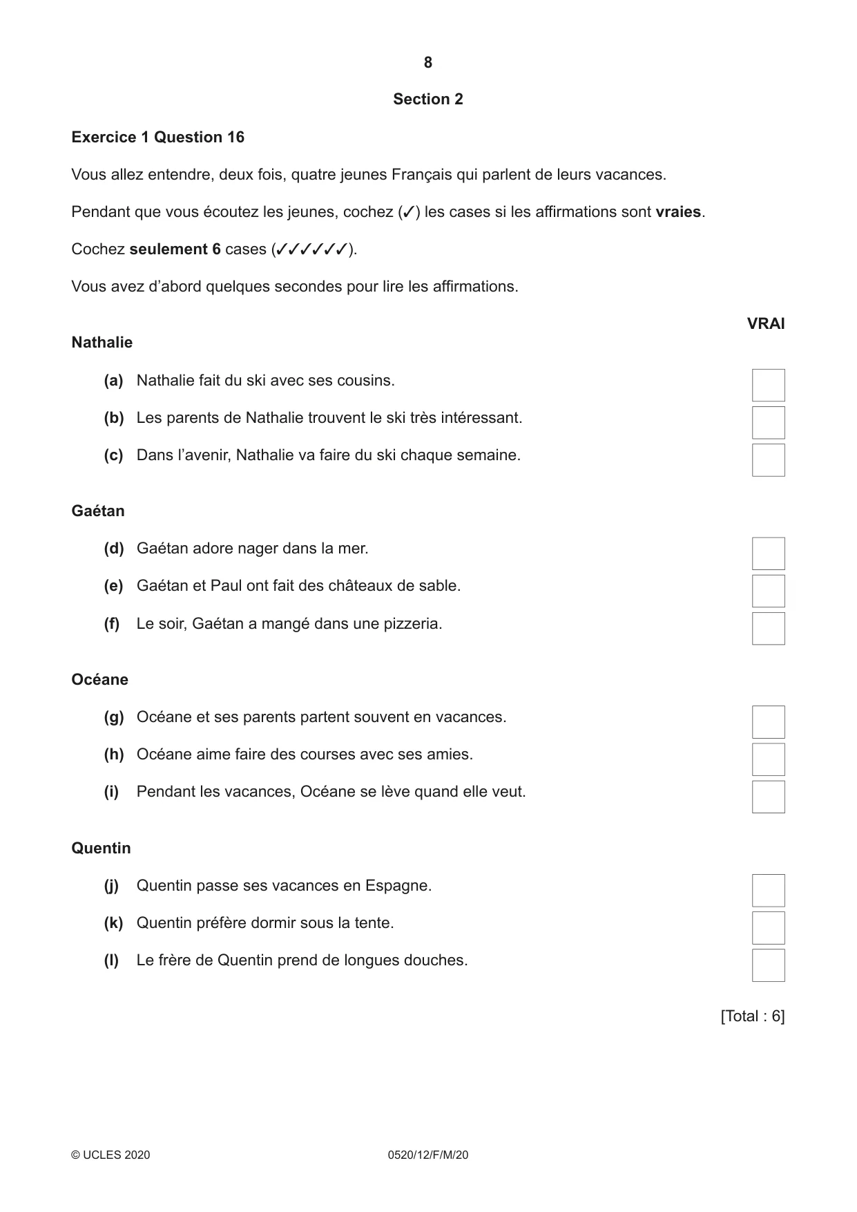 Cambridge IGCSE French - Foreign Language 0520 2020 Feb/March Paper 1 · Variant 2 question paper, page 8 of 12