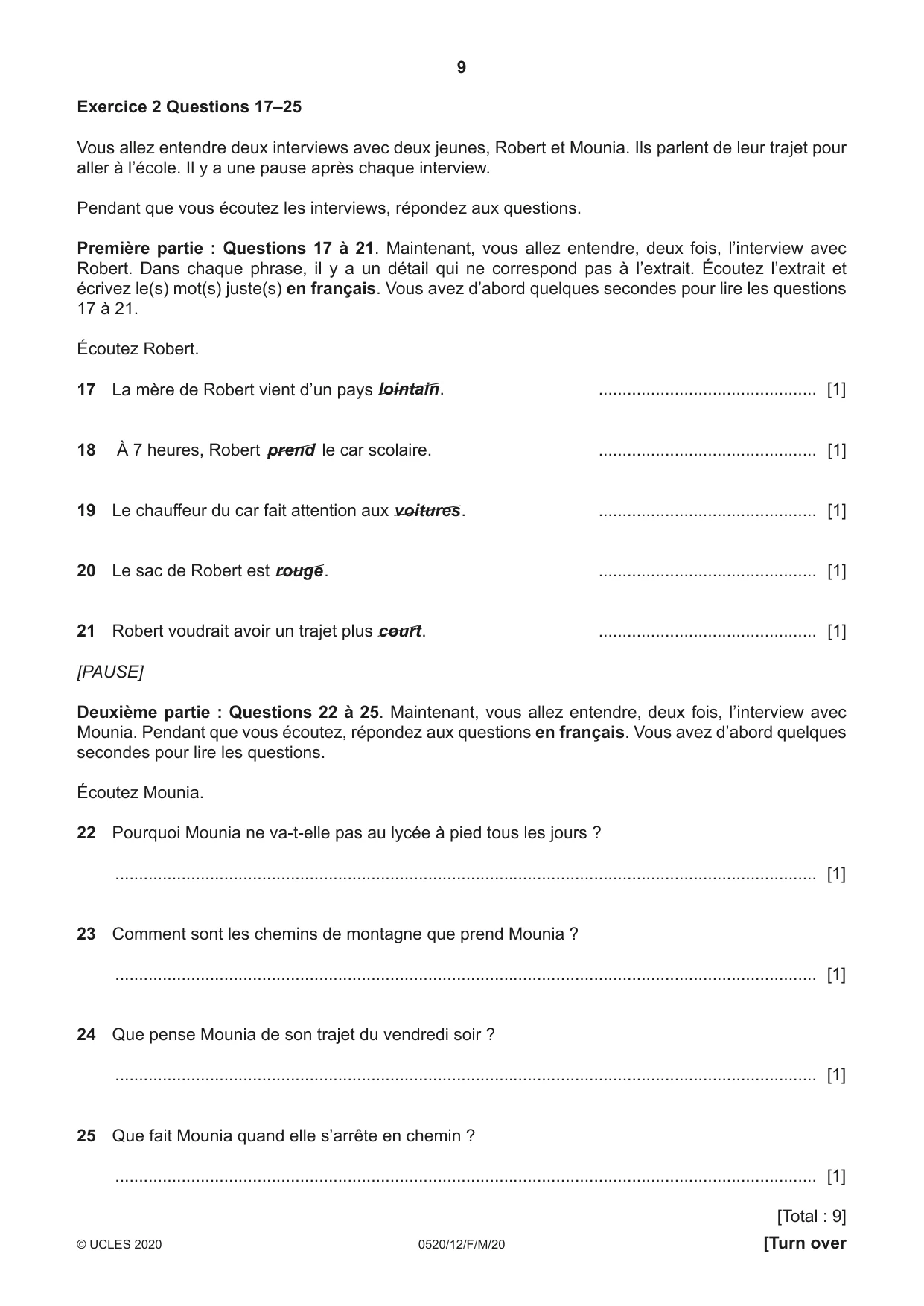 Cambridge IGCSE French - Foreign Language 0520 2020 Feb/March Paper 1 · Variant 2 question paper, page 9 of 12