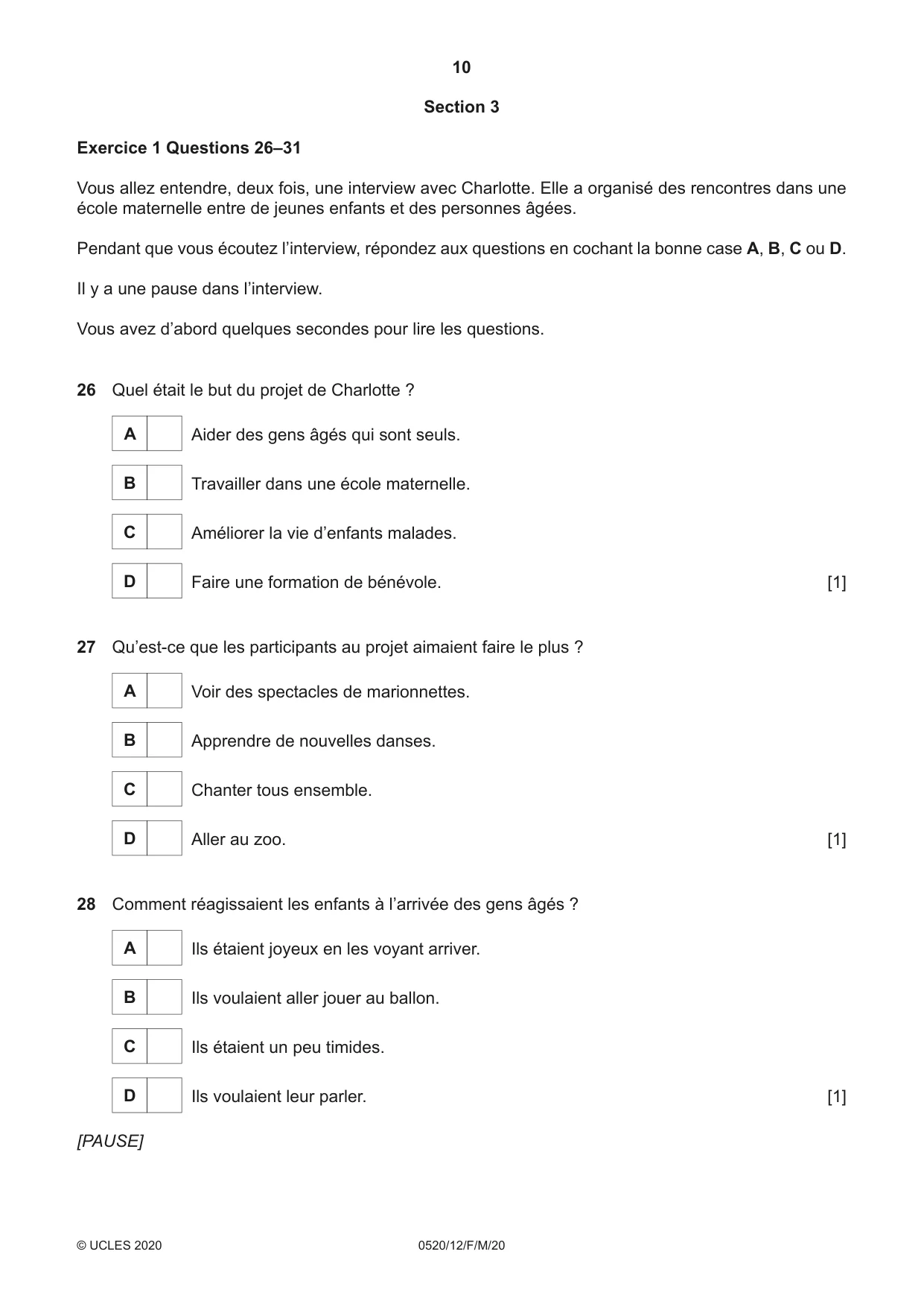 Cambridge IGCSE French - Foreign Language 0520 2020 Feb/March Paper 1 · Variant 2 question paper, page 10 of 12