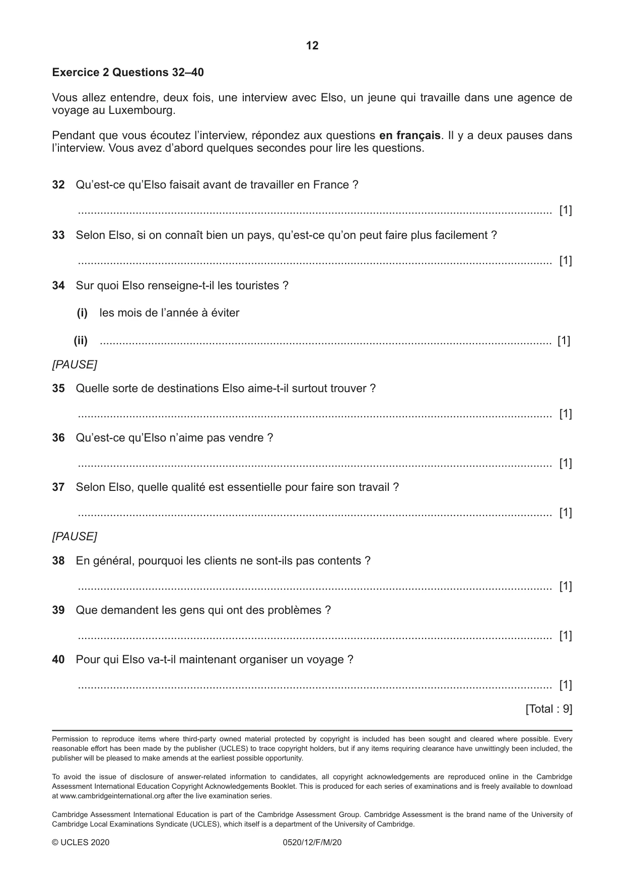 Cambridge IGCSE French - Foreign Language 0520 2020 Feb/March Paper 1 · Variant 2 question paper, page 12 of 12