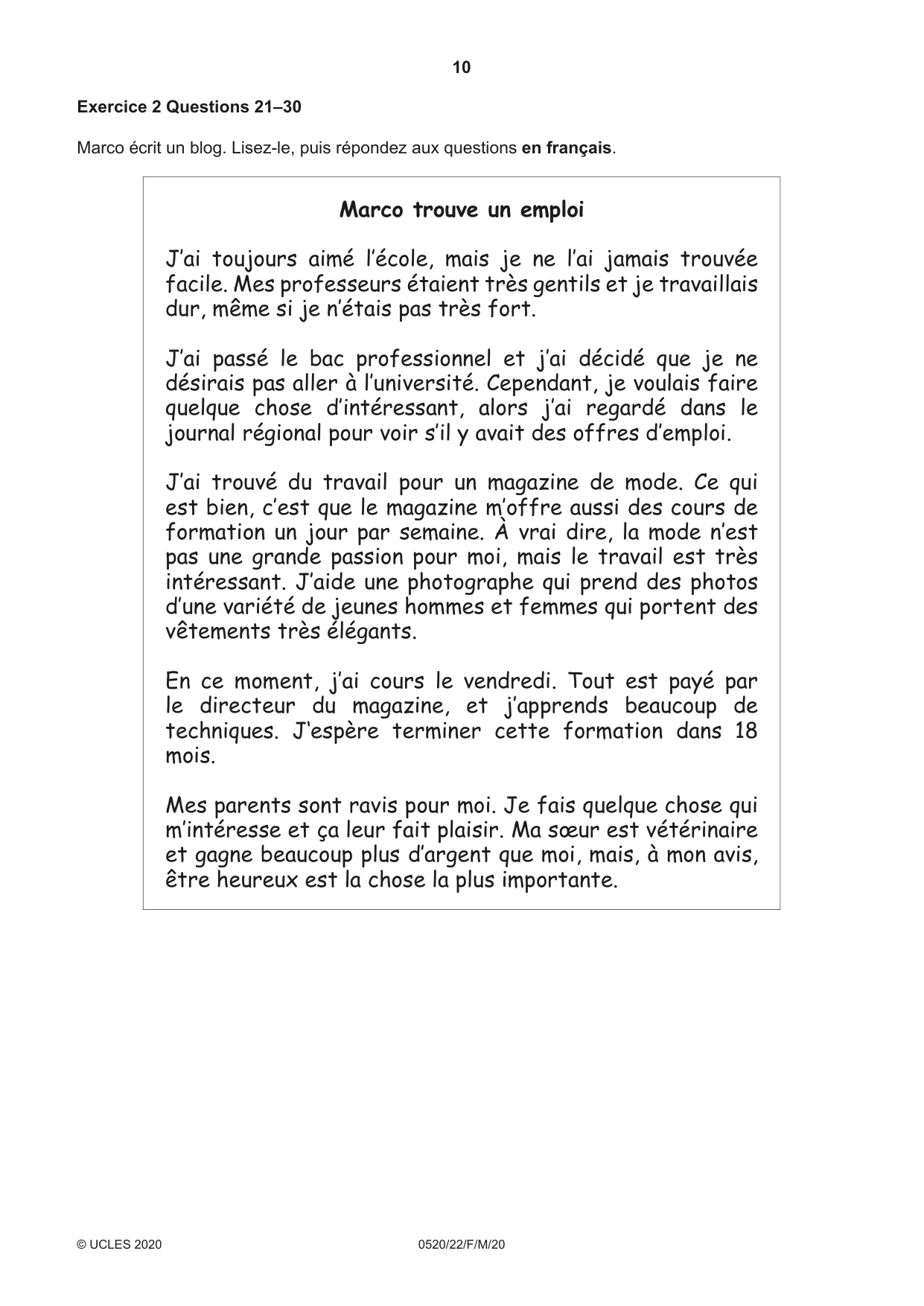 Cambridge IGCSE French - Foreign Language 0520 2020 Feb/March Paper 2 · Variant 2 question paper, page 10 of 16