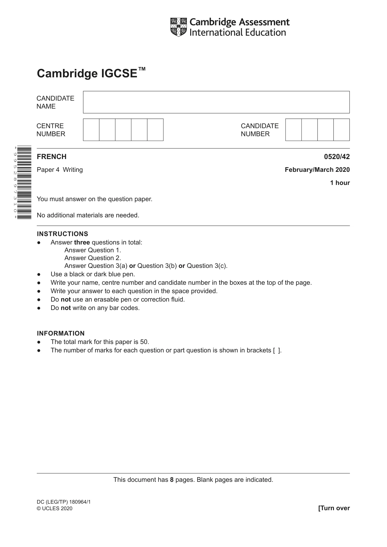 Cambridge IGCSE French - Foreign Language 0520 2020 Feb/March Paper 4 · Variant 2 question paper, page 1 of 8
