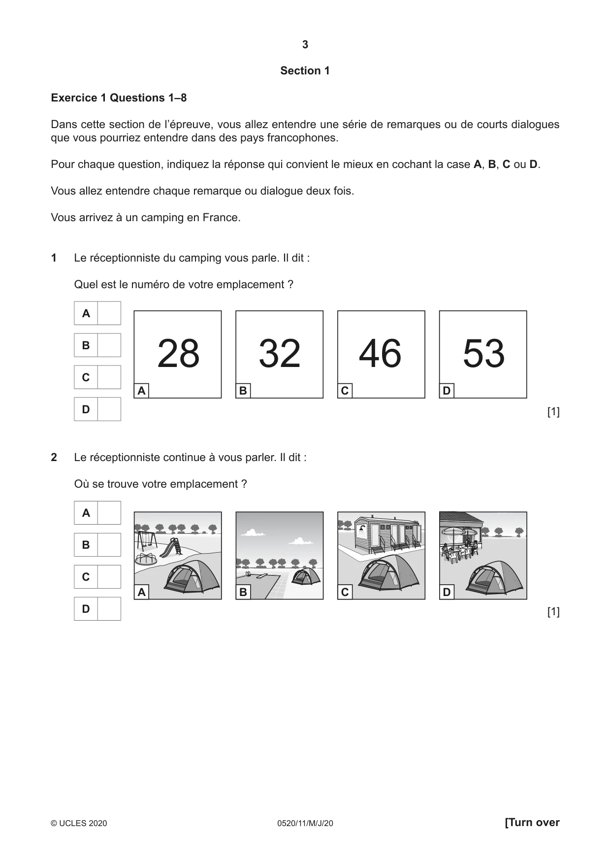 Cambridge IGCSE French - Foreign Language 0520 2020 May/June Paper 1 · Variant 1 question paper, page 3 of 12