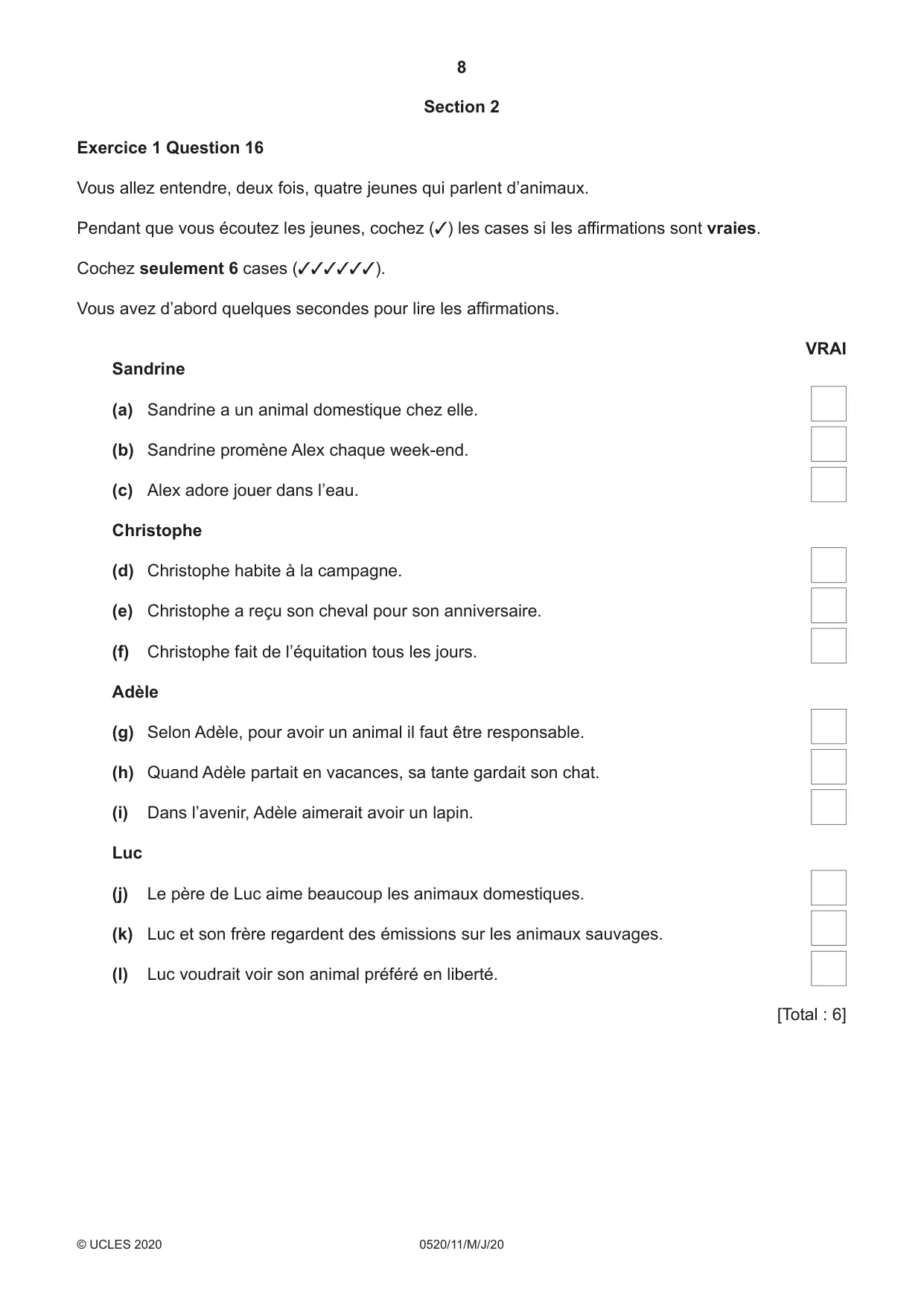 Cambridge IGCSE French - Foreign Language 0520 2020 May/June Paper 1 · Variant 1 question paper, page 8 of 12