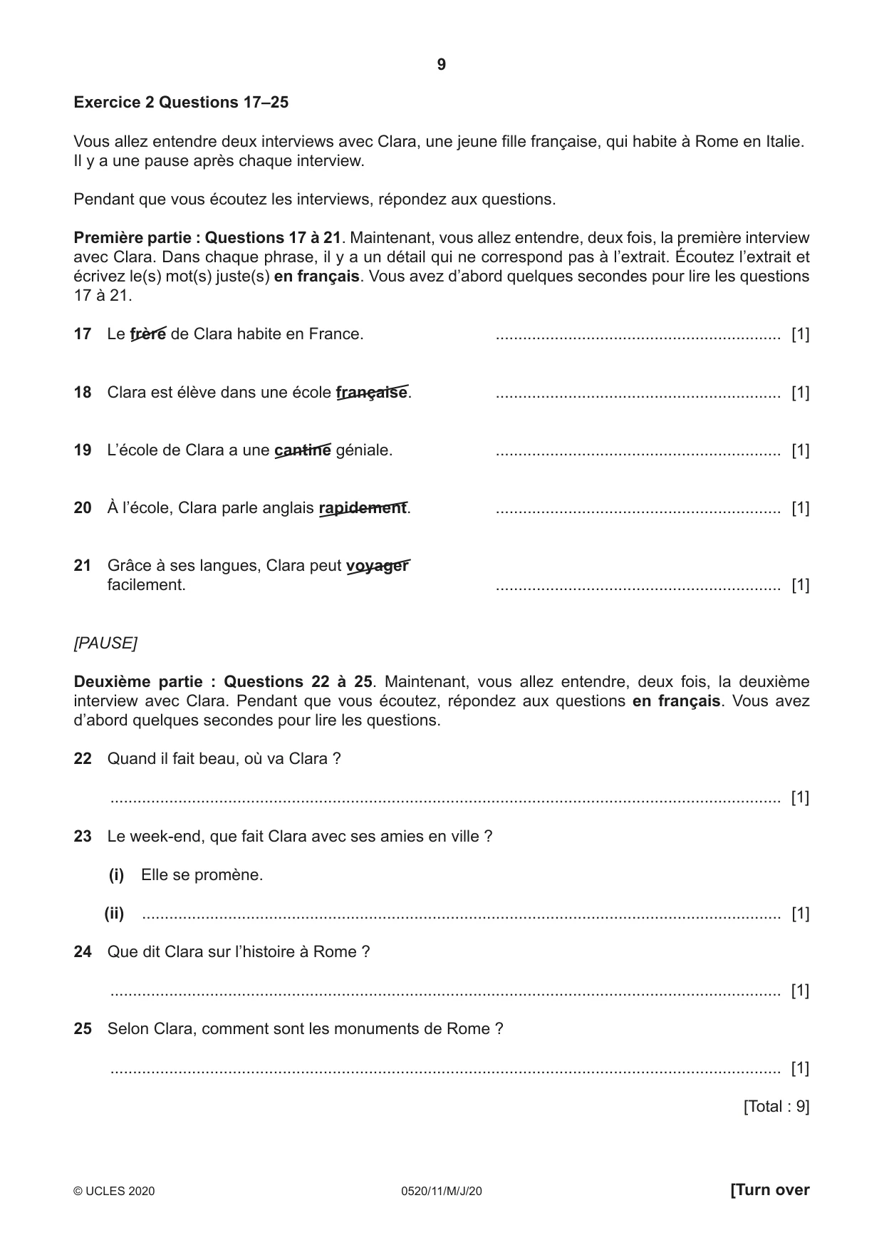 Cambridge IGCSE French - Foreign Language 0520 2020 May/June Paper 1 · Variant 1 question paper, page 9 of 12
