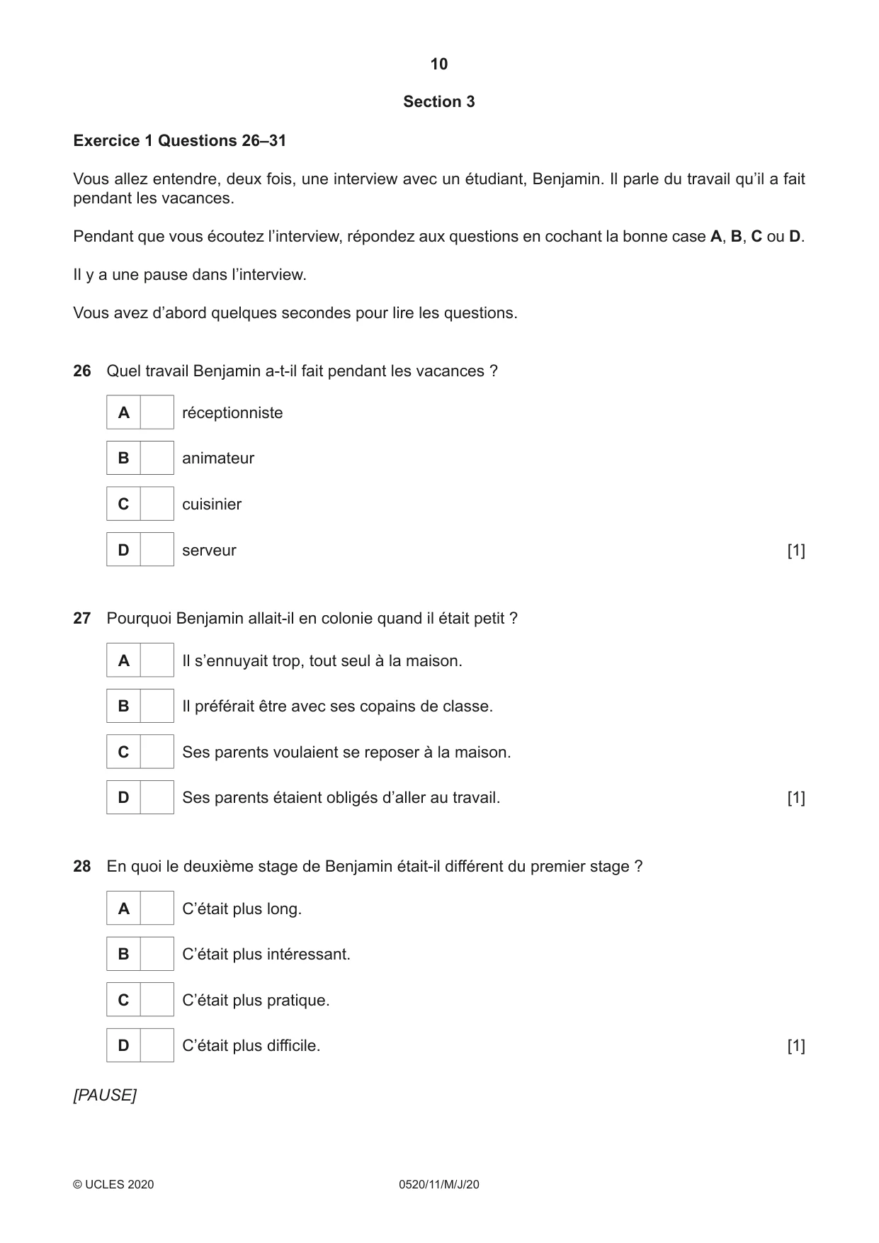 Cambridge IGCSE French - Foreign Language 0520 2020 May/June Paper 1 · Variant 1 question paper, page 10 of 12