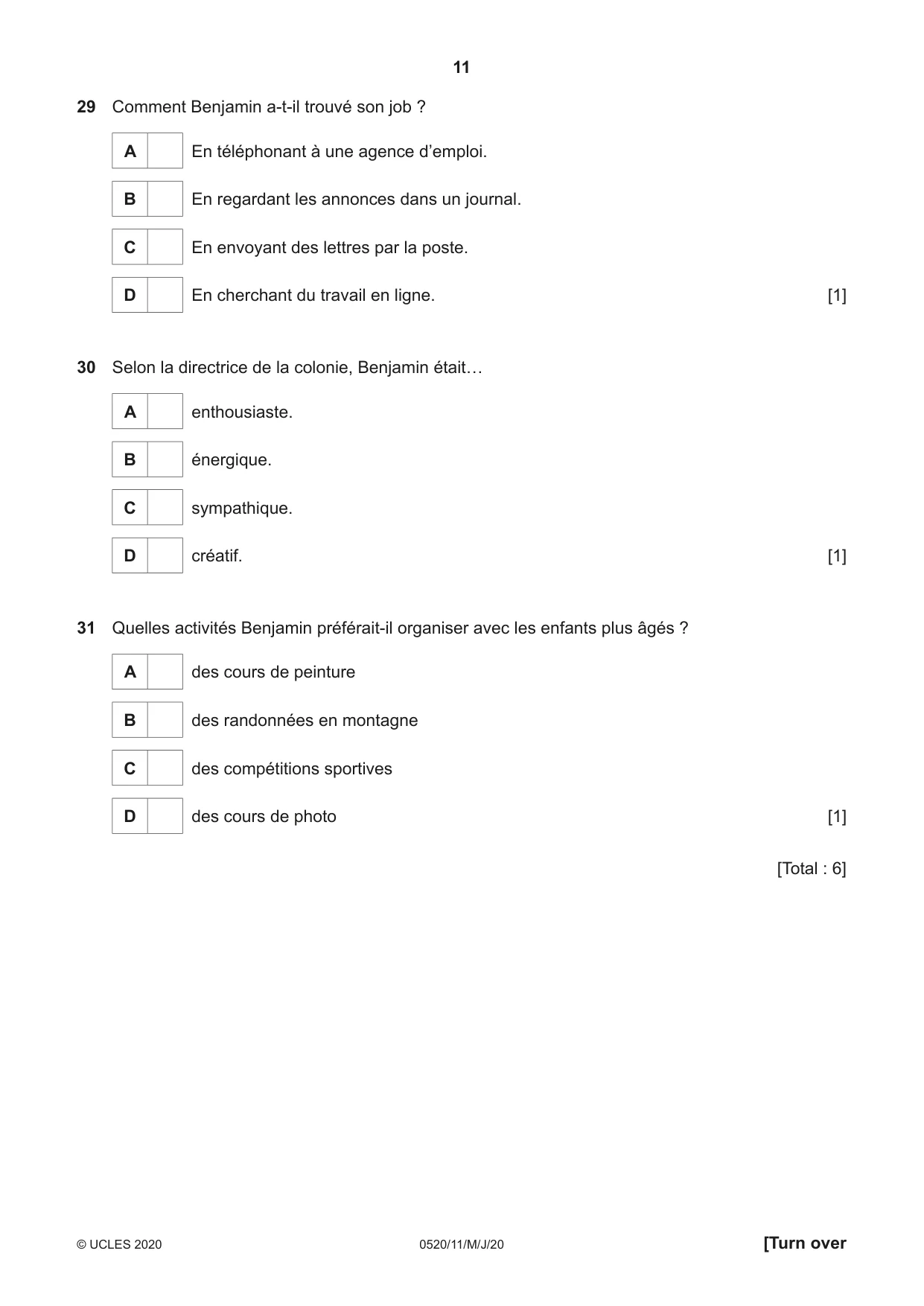 Cambridge IGCSE French - Foreign Language 0520 2020 May/June Paper 1 · Variant 1 question paper, page 11 of 12
