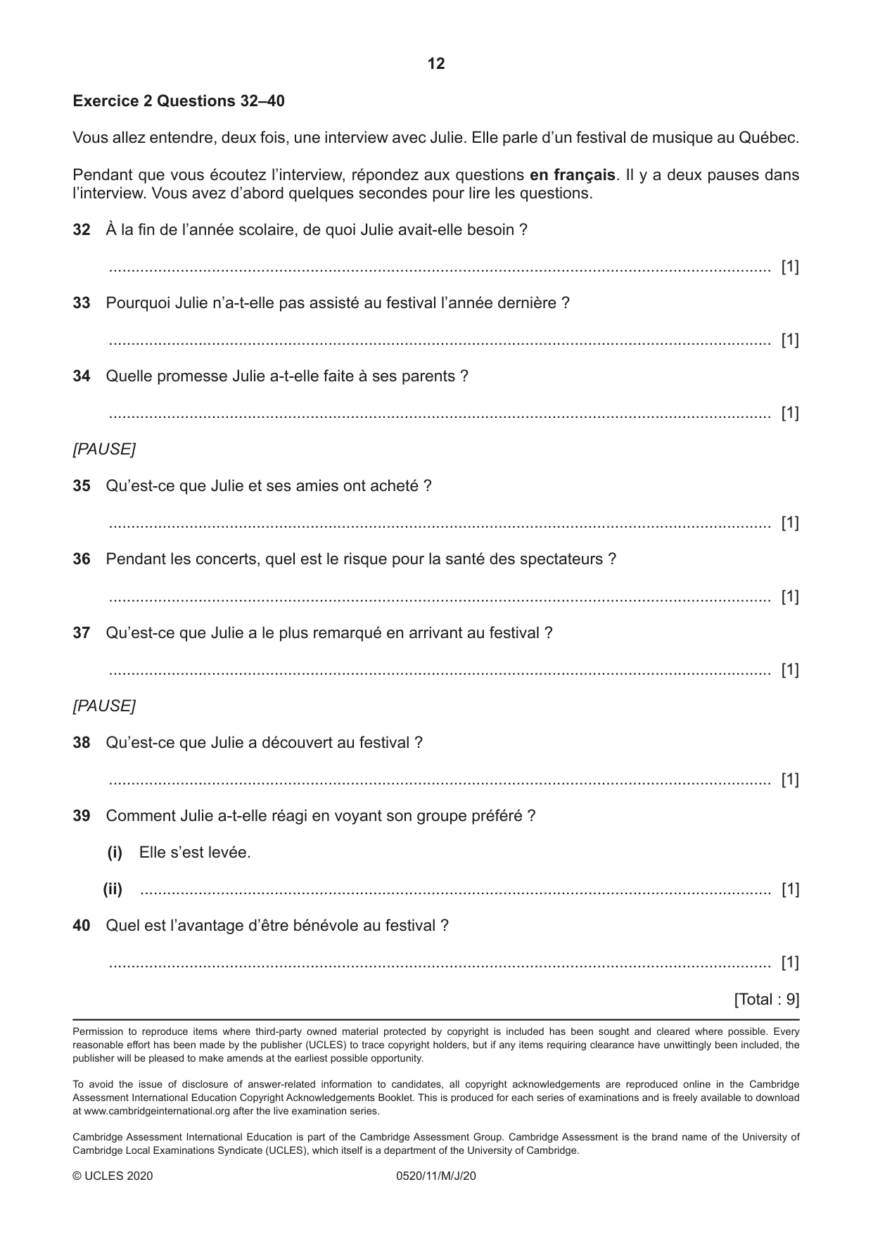 Cambridge IGCSE French - Foreign Language 0520 2020 May/June Paper 1 · Variant 1 question paper, page 12 of 12