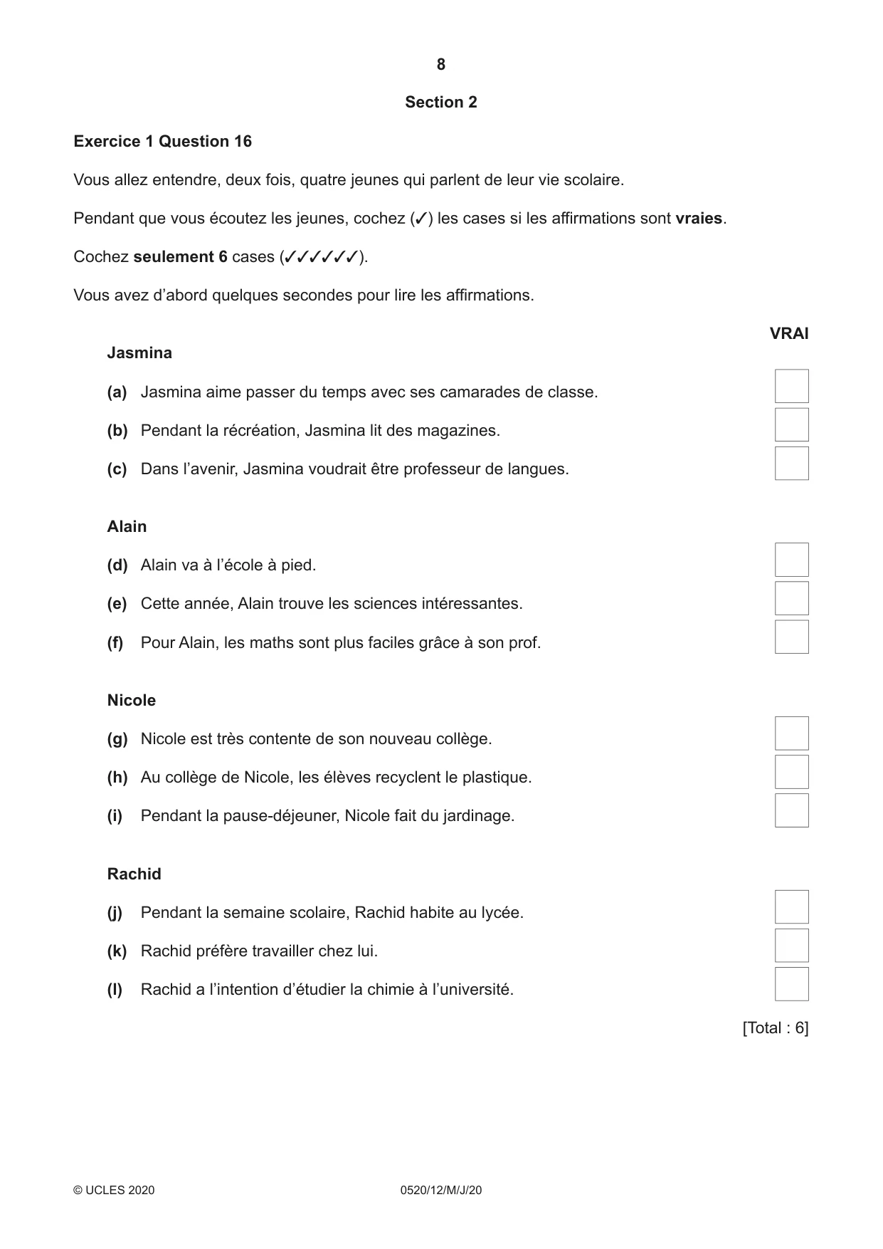 Cambridge IGCSE French - Foreign Language 0520 2020 May/June Paper 1 · Variant 2 question paper, page 8 of 12