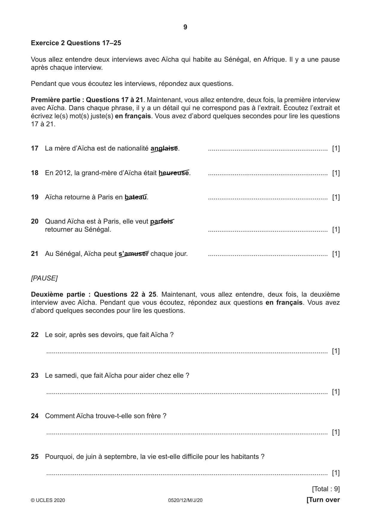 Cambridge IGCSE French - Foreign Language 0520 2020 May/June Paper 1 · Variant 2 question paper, page 9 of 12