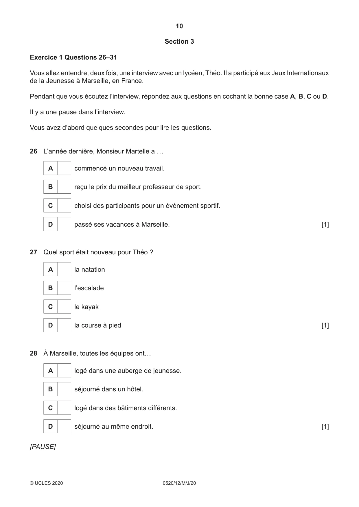 Cambridge IGCSE French - Foreign Language 0520 2020 May/June Paper 1 · Variant 2 question paper, page 10 of 12