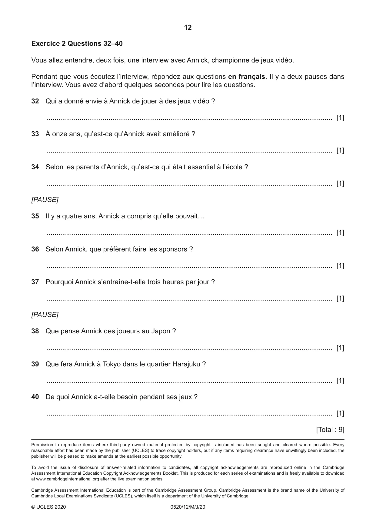 Cambridge IGCSE French - Foreign Language 0520 2020 May/June Paper 1 · Variant 2 question paper, page 12 of 12