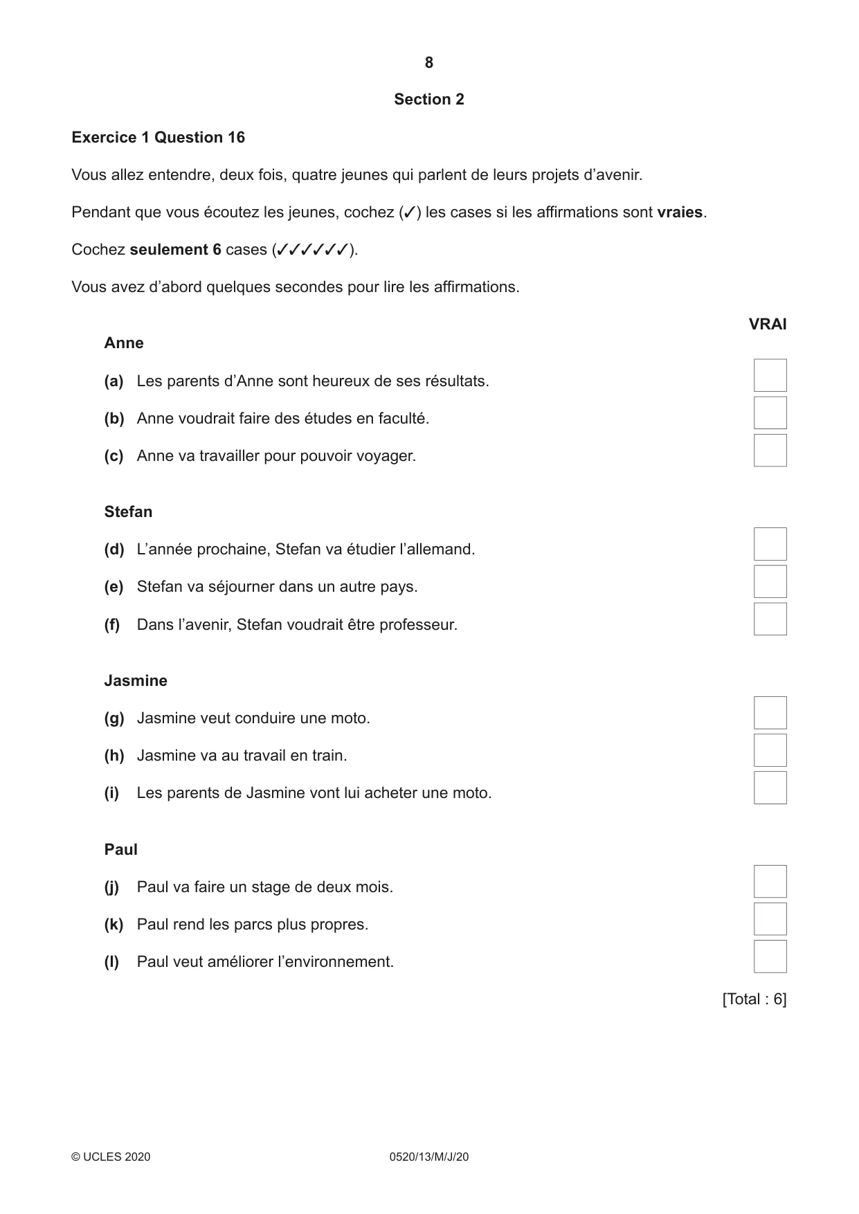 Cambridge IGCSE French - Foreign Language 0520 2020 May/June Paper 1 · Variant 3 question paper, page 8 of 12