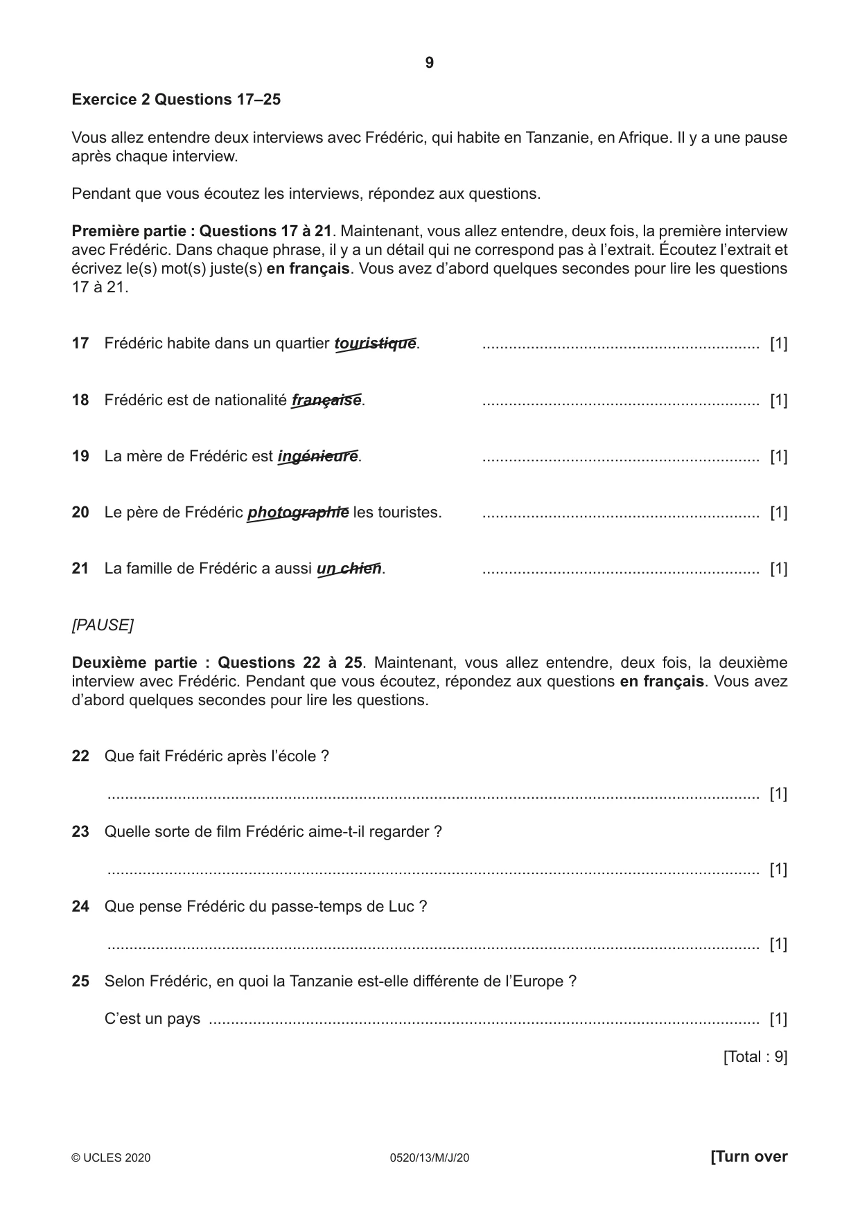Cambridge IGCSE French - Foreign Language 0520 2020 May/June Paper 1 · Variant 3 question paper, page 9 of 12