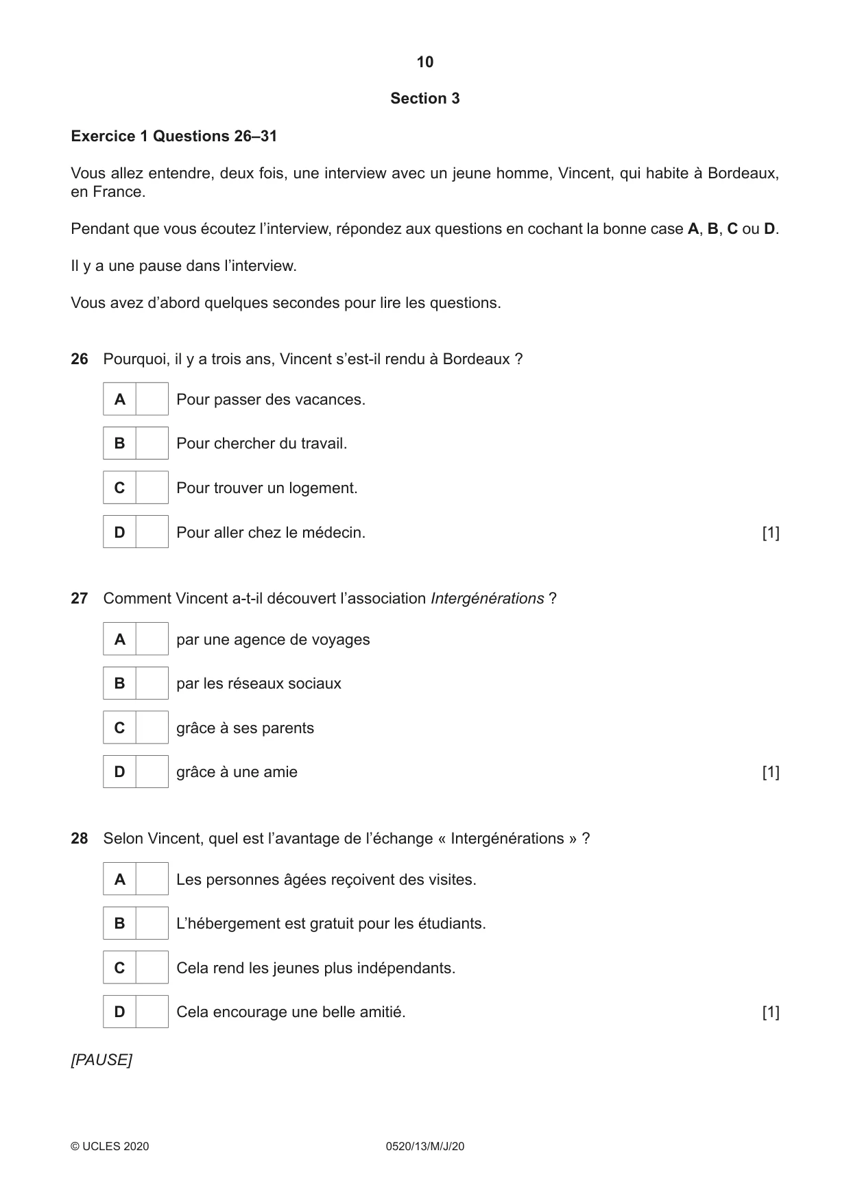Cambridge IGCSE French - Foreign Language 0520 2020 May/June Paper 1 · Variant 3 question paper, page 10 of 12