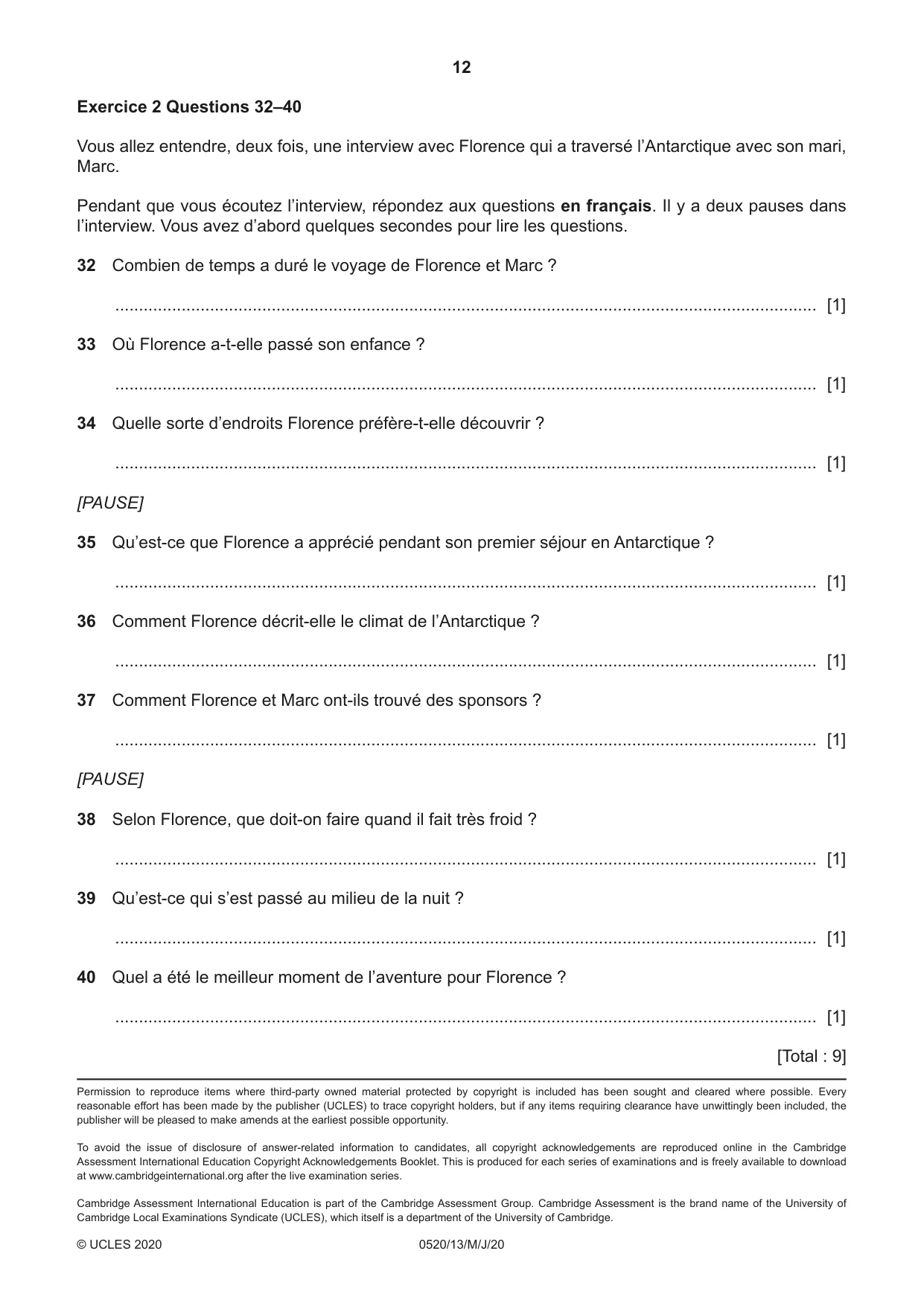 Cambridge IGCSE French - Foreign Language 0520 2020 May/June Paper 1 · Variant 3 question paper, page 12 of 12