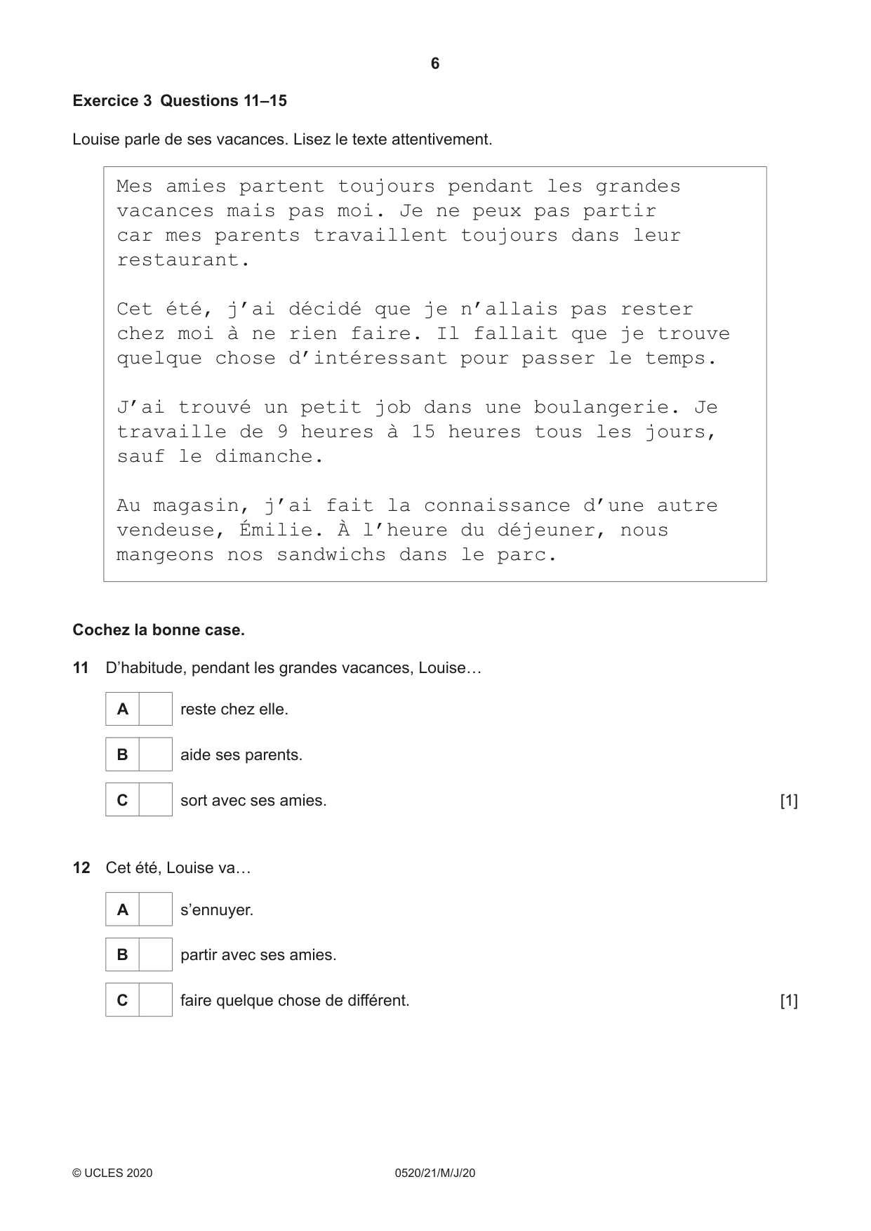 Cambridge IGCSE French - Foreign Language 0520 2020 May/June Paper 2 · Variant 1 question paper, page 6 of 16