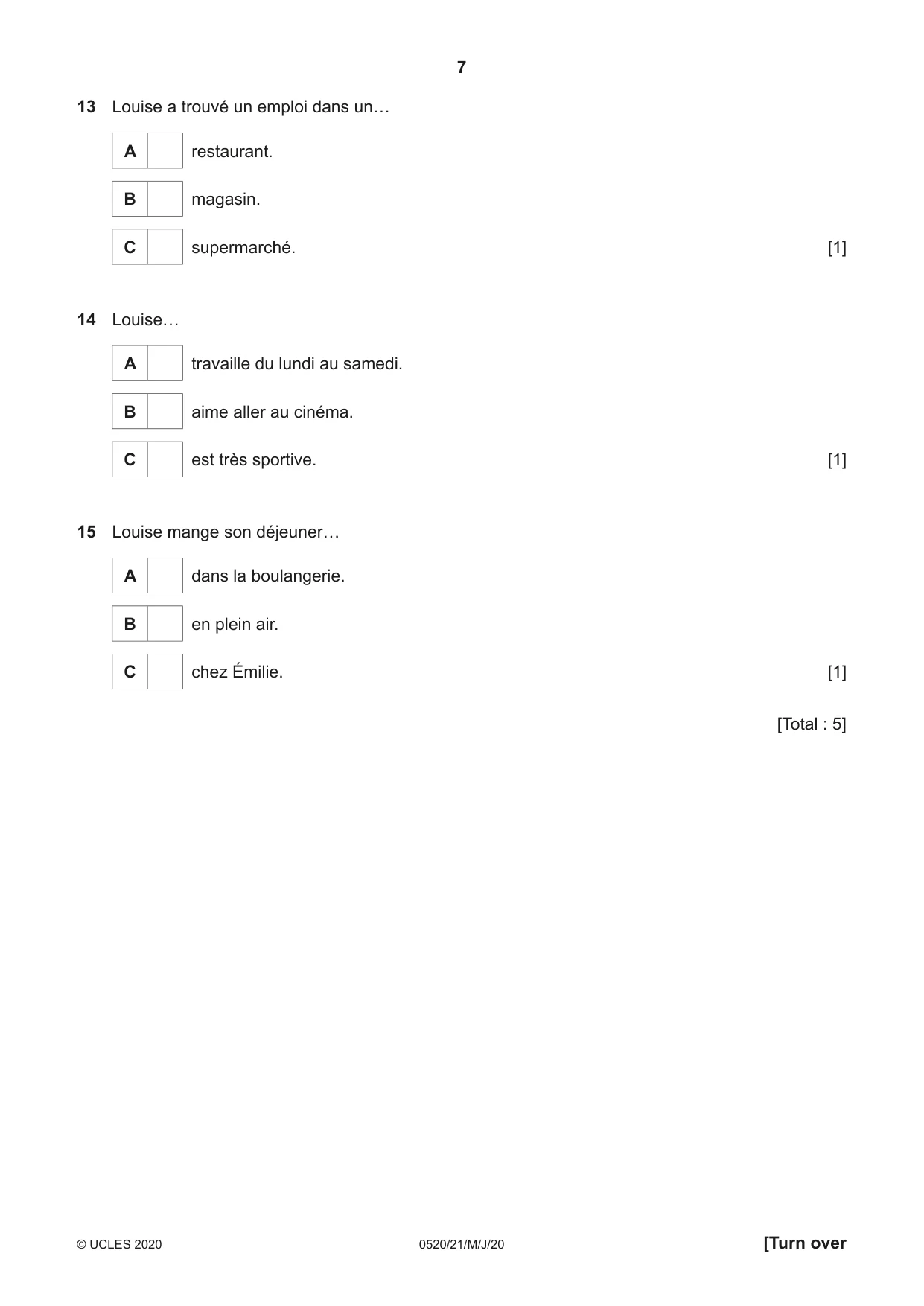 Cambridge IGCSE French - Foreign Language 0520 2020 May/June Paper 2 · Variant 1 question paper, page 7 of 16
