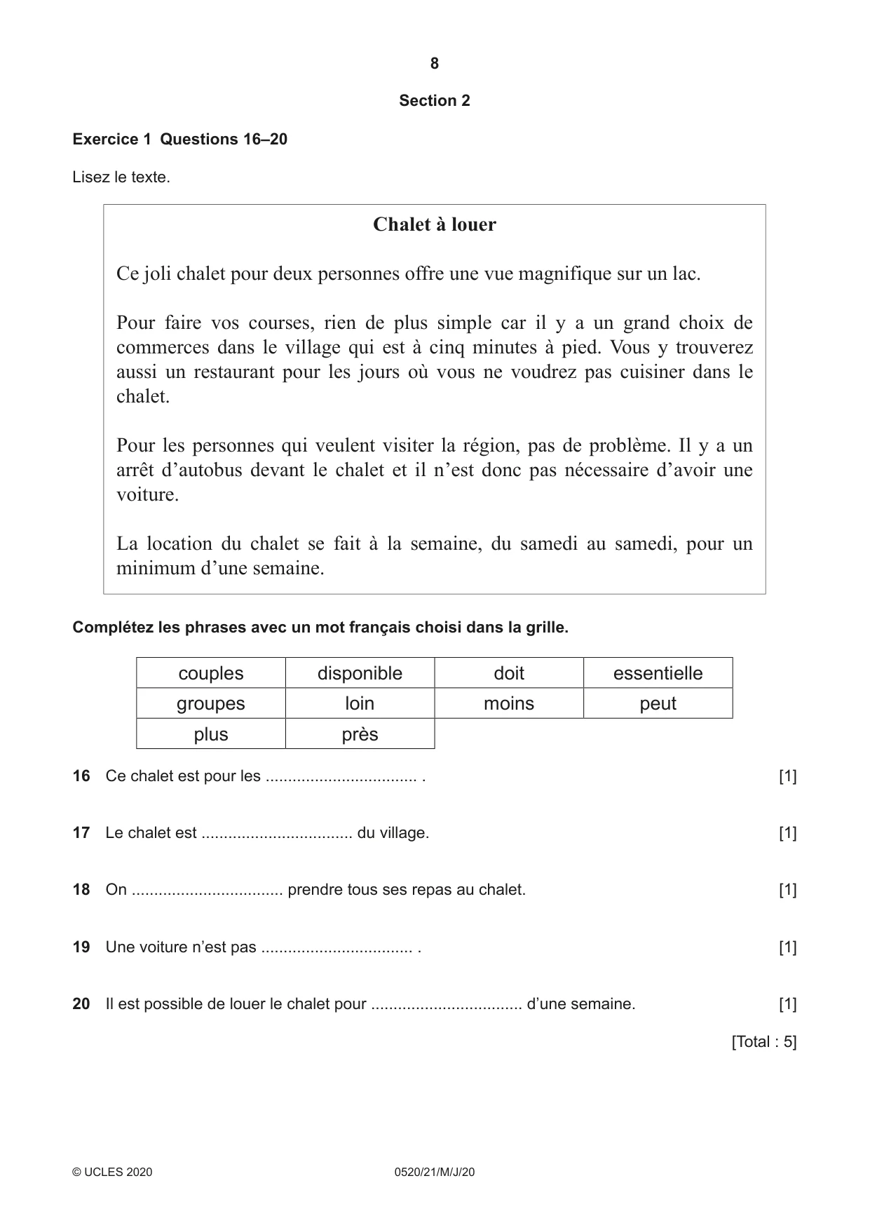Cambridge IGCSE French - Foreign Language 0520 2020 May/June Paper 2 · Variant 1 question paper, page 8 of 16