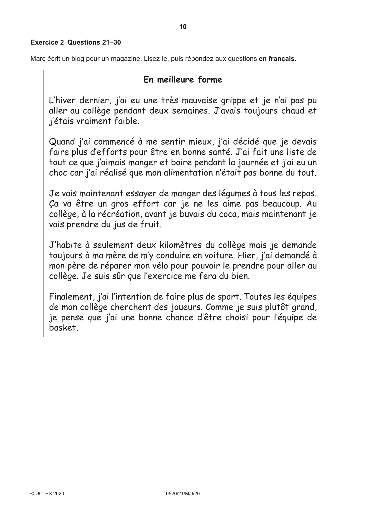 Cambridge IGCSE French - Foreign Language 0520 2020 May/June Paper 2 · Variant 1 question paper, page 10 of 16