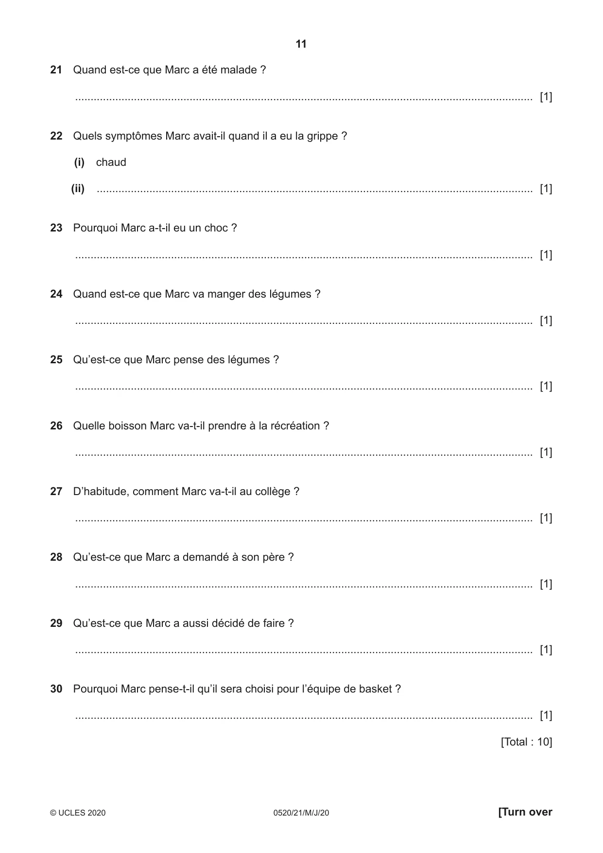 Cambridge IGCSE French - Foreign Language 0520 2020 May/June Paper 2 · Variant 1 question paper, page 11 of 16