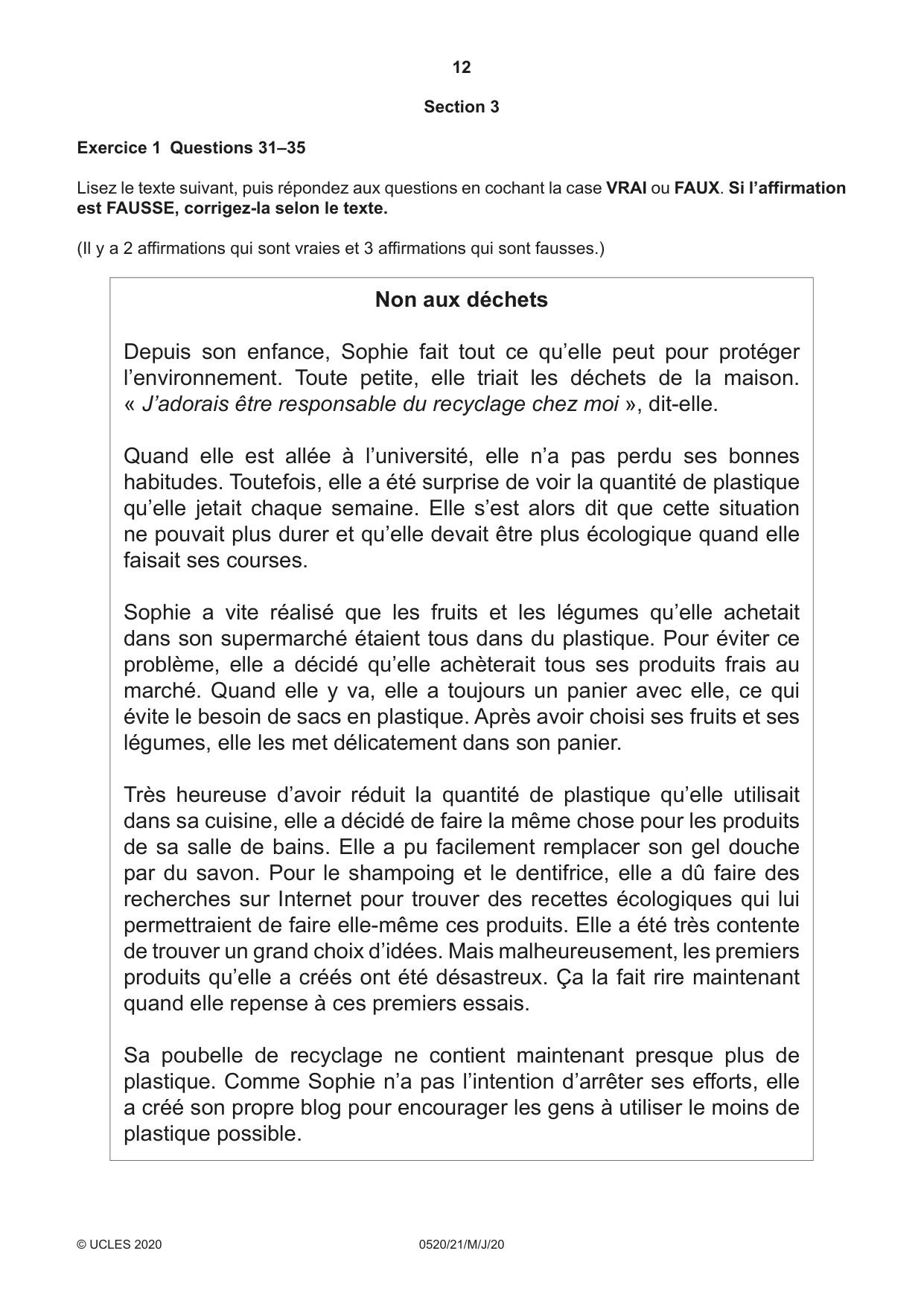 Cambridge IGCSE French - Foreign Language 0520 2020 May/June Paper 2 · Variant 1 question paper, page 12 of 16