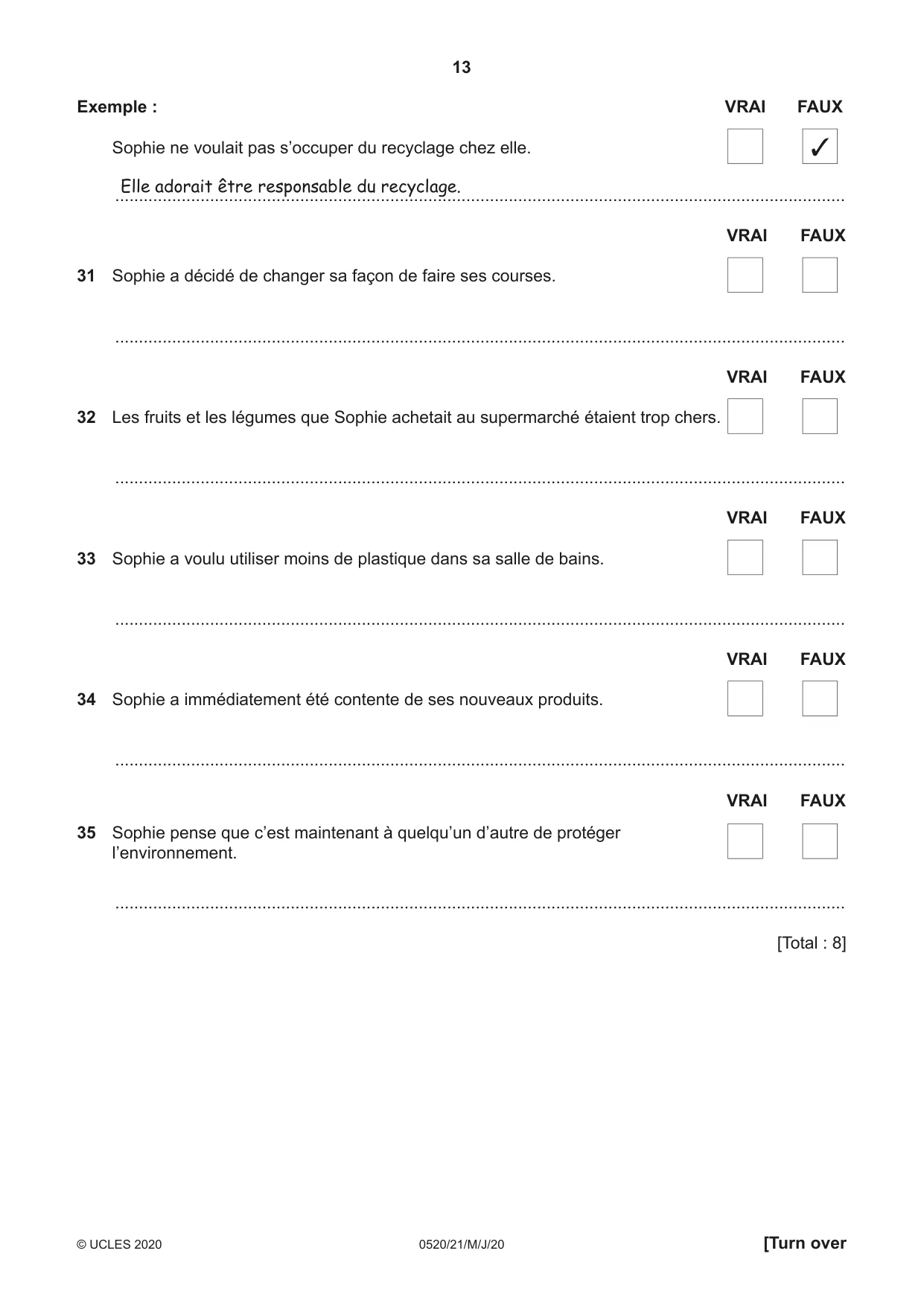 Cambridge IGCSE French - Foreign Language 0520 2020 May/June Paper 2 · Variant 1 question paper, page 13 of 16