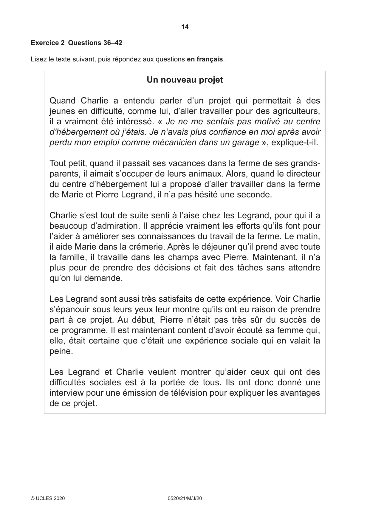 Cambridge IGCSE French - Foreign Language 0520 2020 May/June Paper 2 · Variant 1 question paper, page 14 of 16