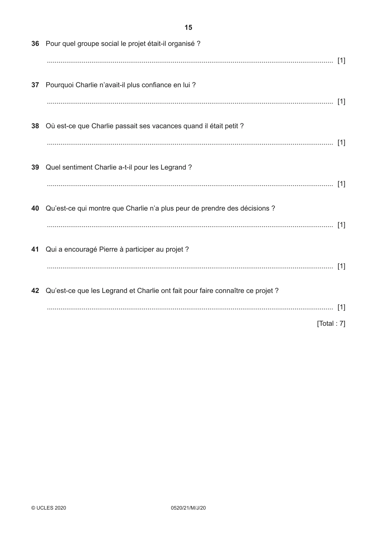 Cambridge IGCSE French - Foreign Language 0520 2020 May/June Paper 2 · Variant 1 question paper, page 15 of 16