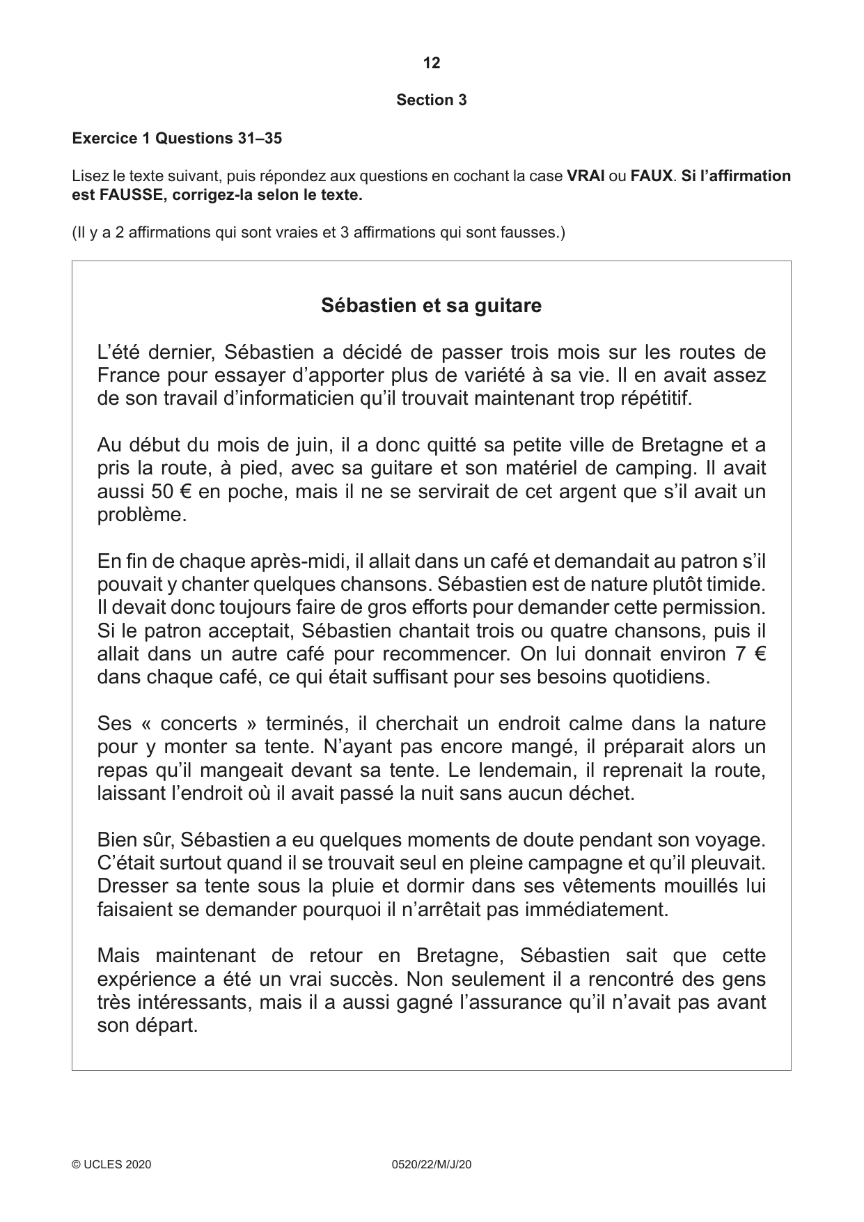 Cambridge IGCSE French - Foreign Language 0520 2020 May/June Paper 2 · Variant 2 question paper, page 12 of 16