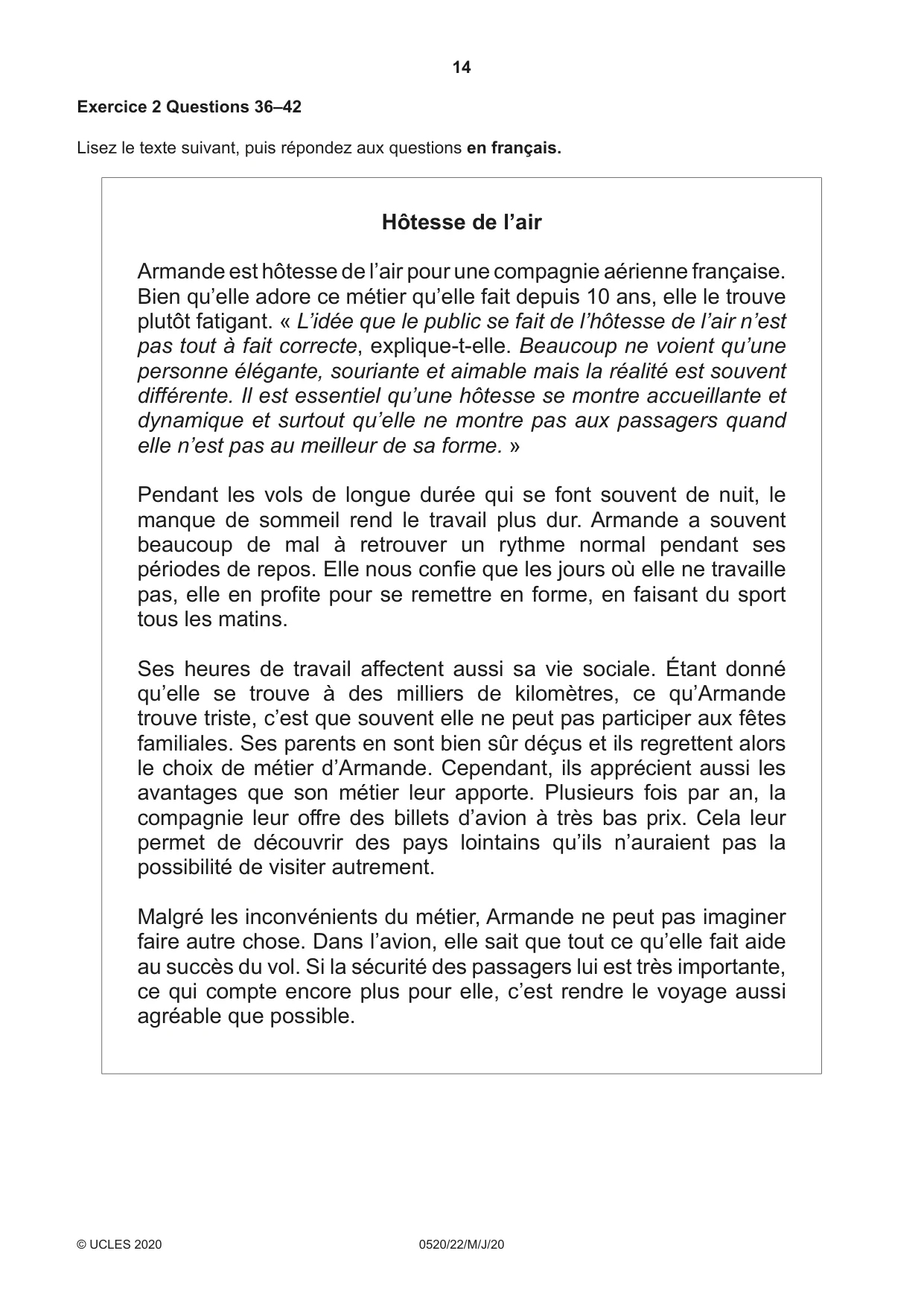 Cambridge IGCSE French - Foreign Language 0520 2020 May/June Paper 2 · Variant 2 question paper, page 14 of 16