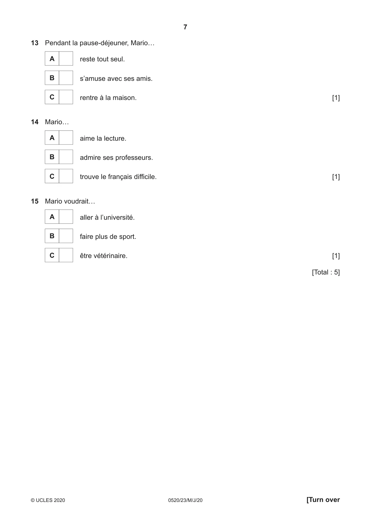 Cambridge IGCSE French - Foreign Language 0520 2020 May/June Paper 2 · Variant 3 question paper, page 7 of 16