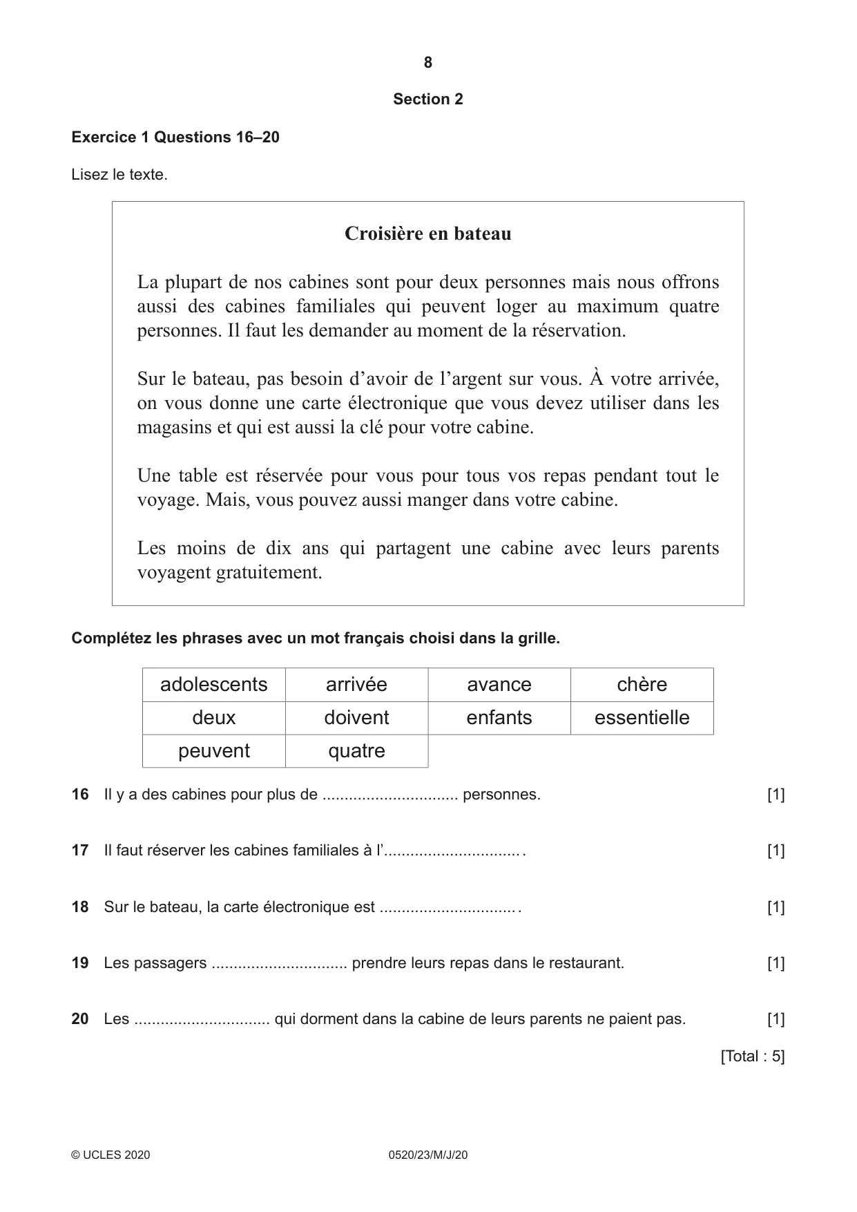 Cambridge IGCSE French - Foreign Language 0520 2020 May/June Paper 2 · Variant 3 question paper, page 8 of 16