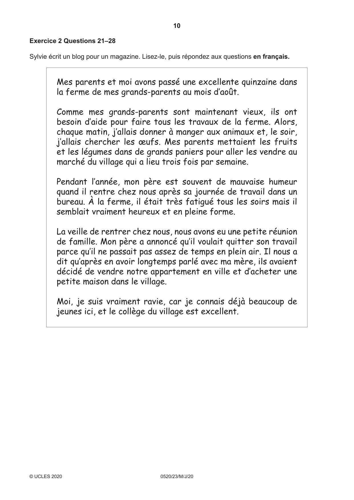 Cambridge IGCSE French - Foreign Language 0520 2020 May/June Paper 2 · Variant 3 question paper, page 10 of 16